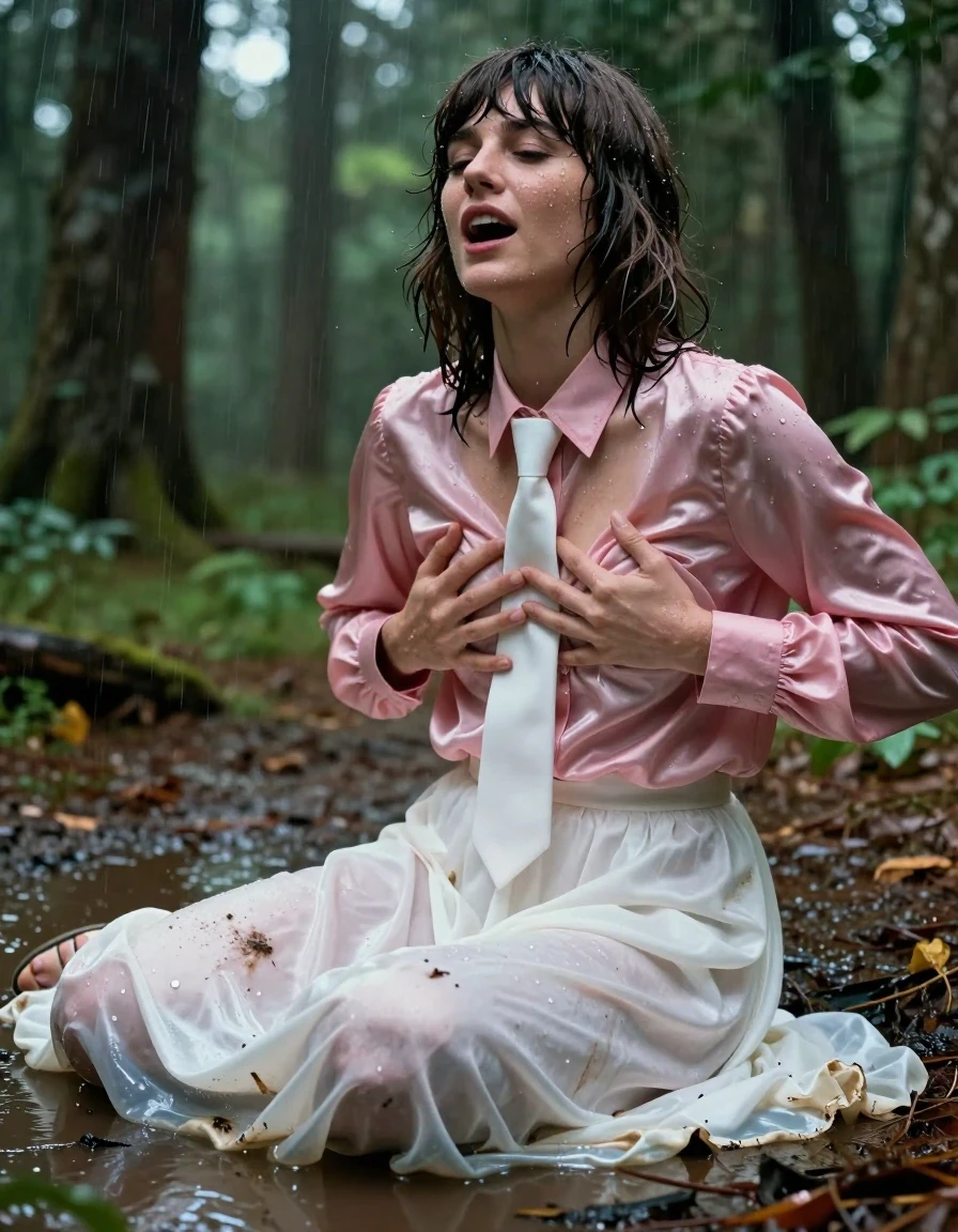 A photorealistic close-up of a young adult European woman with a Beatles-style haircut, captured in the middle of a forest during a heavy rainfall. She is wearing an oversized pink long-sleeved satin blouse with a crisp white necktie; the fabric is visibly soaked, clinging to her skin with heavy, dark wet folds and a high-gloss sheen. Beneath, she wears a floor-length white silk skirt that is trailing along the sodden forest floor, the fabric heavy with water, translucent in areas, and stained with mud. She is wearing simple sandals on her feet. She is sitting directly in a shallow, murky puddle on the forest floor, her expression one of intense pleasure as she is having an orgasm, her hands actively massaging her breast. Her skin is glistening with rainwater, and her hair is matted and dripping. The lighting is moody and overcast, filtering through the dense forest canopy, highlighting the wet textures, water droplets, and the reflective surface of the puddle. Cinematic composition, hyper-realistic skin texture, 8k resolution, captured on 35mm lens, sharp focus on the subject.