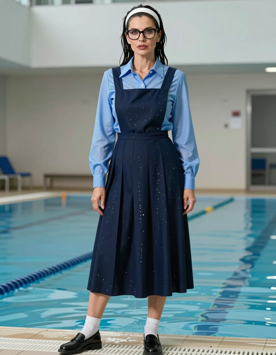 photo of young woman, in soaking wet, drenched clothes,
black shoes, white socks, school uniform with maxi flared dark blue school pinafore and blue shirt with long sleeves, school uniform with maxi flared dark blue school pinafore and blue shirt with long sleeves, after bath, indoor swimming pool, enjoying wet clothes stuck body, enjoying, wet clothes stuck to body, 
enjoying, wet clothes stuck to body,
detailed textures of the wet clothes, wet face, wet plastered hair,
wet, drenched, professional, high-quality details, full body view.
sharp focus, ultra-high pixel detail, realistic, high-quality, full colors, incredibly detailed, 4k, 8k, 16k, hyper-realistic, RAW photo, masterpiece, ultra-detailed, professionally color graded, professional photograph, europen brunette skinny woman 50 years old, long dark black hair, very big and thick lips,  office glasses, white headband, complete body, wet skin, wet clothes, damp fabric, wet skin, wet clothes, damp fabric, wet skin, wet clothes, damp fabric, wet skin, wet clothes, damp fabric, wet skin, wet clothes, damp fabric