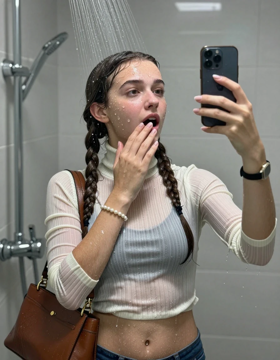 photo of young woman, in soaking wet, drenched clothes,
, ,  tight striped knit turtleneck sweater belly free, handbag, pearl necklace, bracelet, wristwatch, Under the shower, strong jet of water, modern mirrored bathroom, 
enjoying, wet clothes stuck to body,
detailed textures of the wet clothes, wet face, wet plastered hair,
wet, drenched, professional, high-quality details, full body view.
sharp focus, ultra-high pixel detail, realistic, high-quality, full colors, incredibly detailed, 4k, 8k, 16k, hyper-realistic, RAW photo, masterpiece, ultra-detailed, professionally color graded, professional photograph, Two pigtails

15 years old  teenage girl

Only head and shoulders are over the surface visible. Open mouth, half closed eyes. Looking up. Take a Selfie with her smartphone. One Hand on her mouth.

she is completely underwater up to her neck, afraid and astonished expression. 

her submerged clothes are hardly vusible under water, she soaked her handbag into the water

close up view, wet skin, wet clothes, wet hair, damp fabric, water runs down the clothes, wet skin, wet clothes, damp fabric., wet skin, wet clothes, damp fabric, wet skin, wet clothes, damp fabric, wet skin, wet clothes, damp fabric, wet skin, wet clothes, damp fabric