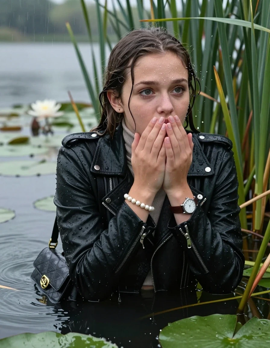 photo of young woman, in soaking wet, drenched clothes,
, , Black biker leatherjacket, tight turtleneck sweater with wide neckline belly free, handbag, pearl necklace, bracelet, wristwatch , Emerging after diving in a lake with water lilies and reeds, rain , 
enjoying, wet clothes stuck to body,
detailed textures of the wet clothes, wet face, wet plastered hair,
wet, drenched, professional, high-quality details, full body view.
sharp focus, ultra-high pixel detail, realistic, high-quality, full colors, incredibly detailed, 4k, 8k, 16k, hyper-realistic, RAW photo, masterpiece, ultra-detailed, professionally color graded, professional photograph, Pigtails

15 years old  teenage girl

Laying her breast on the surface.  Looking slightly away. Hold her hands on her mouth.Open mouth, big eyes.

she is completely underwater up to her neck, afraid and astonished expression. 

She hides in the reeds and is surprised by spectators

her submerged clothes are hardly vusible under water, she soaked her handbag into the water

close up view, wet skin, wet clothes, wet hair, damp fabric, water runs down the clothes, wet skin, wet clothes, damp fabric., wet skin, wet clothes, damp fabric, wet skin, wet clothes, damp fabric