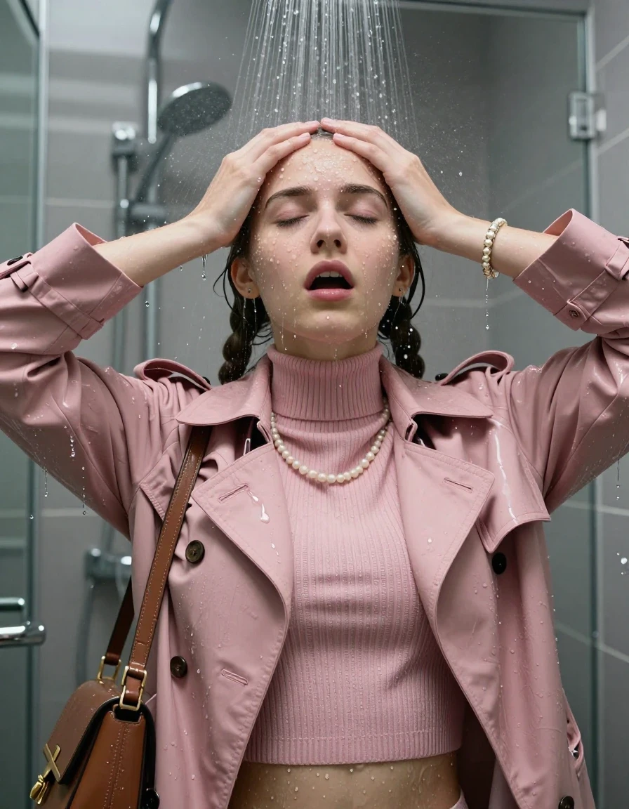 photo of young woman, in soaking wet, drenched clothes,
, , Pink woolen winter Trenchcoat, tight striped knit turtleneck sweater belly free, handbag, pearl necklace, bracelet, wristwatch, Under the shower, strong jet of water, modern mirrored bathroom, 
enjoying, wet clothes stuck to body,
detailed textures of the wet clothes, wet face, wet plastered hair,
wet, drenched, professional, high-quality details, full body view.
sharp focus, ultra-high pixel detail, realistic, high-quality, full colors, incredibly detailed, 4k, 8k, 16k, hyper-realistic, RAW photo, masterpiece, ultra-detailed, professionally color graded, professional photograph, Two pigtails

15 years old  teenage girl

Only head and shoulders are over the surface visible. Open mouth, closed eyes. Looking up. Hold her hands over her forehead.

she is completely underwater up to her neck, afraid and astonished expression. 

her submerged clothes are hardly vusible under water, she soaked her handbag into the water

close up view, wet skin, wet clothes, wet hair, damp fabric, water runs down the clothes, wet skin, wet clothes, damp fabric., wet skin, wet clothes, damp fabric, wet skin, wet clothes, damp fabric, wet skin, wet clothes, damp fabric
