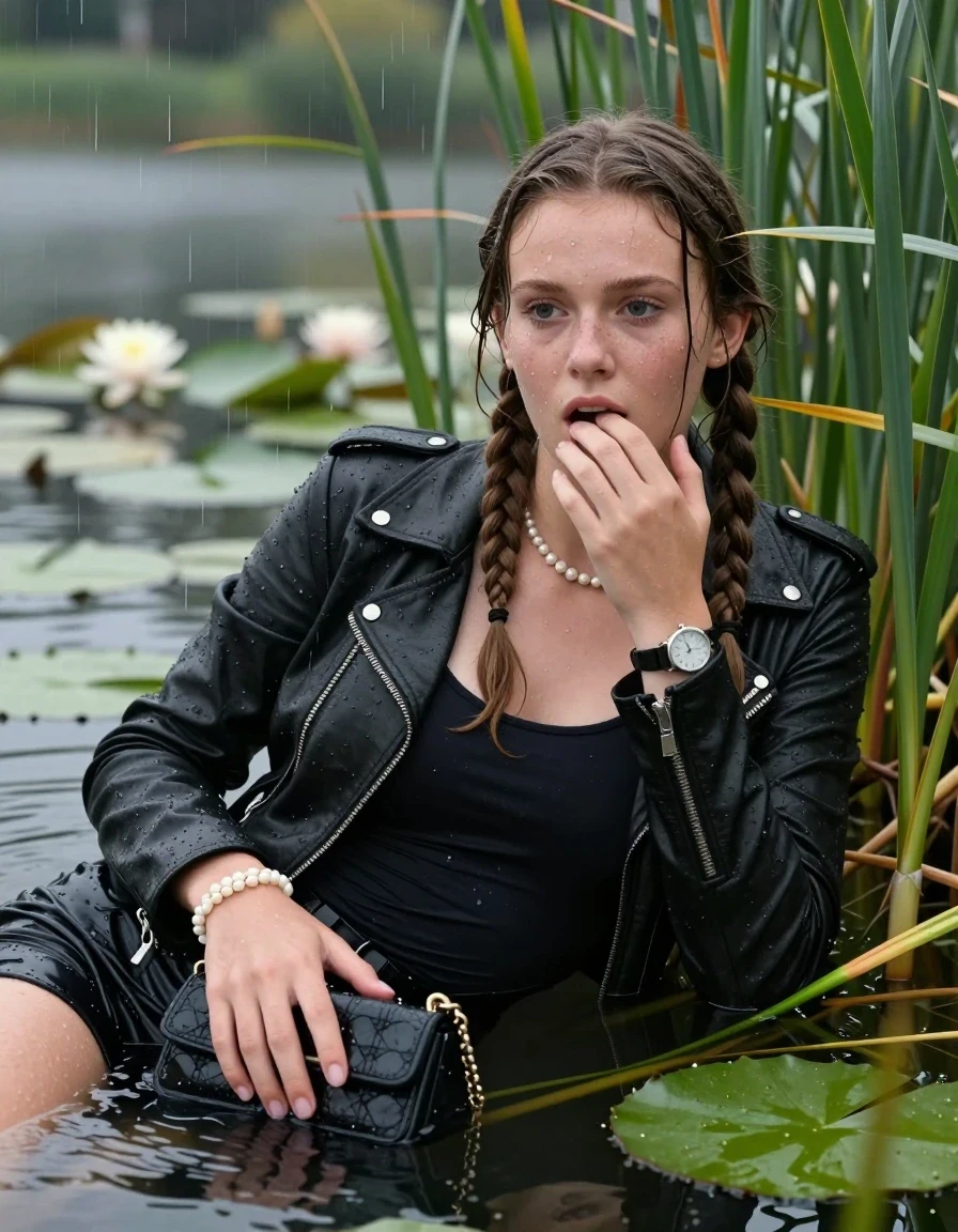 photo of young woman, in soaking wet, drenched clothes,
, , Black biker leatherjacket, tight sexy tshirt with wide neckline belly free, handbag, pearl necklace, bracelet, wristwatch , Emerging after diving in a lake with water lilies and reeds, rain , 
enjoying, wet clothes stuck to body,
detailed textures of the wet clothes, wet face, wet plastered hair,
wet, drenched, professional, high-quality details, full body view.
sharp focus, ultra-high pixel detail, realistic, high-quality, full colors, incredibly detailed, 4k, 8k, 16k, hyper-realistic, RAW photo, masterpiece, ultra-detailed, professionally color graded, professional photograph, Two long braids

15 years old  teenage girl

Laying her breast on the surface.  Looking slightly away. Hold her hand on mouth.

she is completely underwater up to her neck, afraid and astonished expression. 

She hides in the reeds and is surprised by spectators

her submerged clothes are hardly vusible under water, she soaked her handbag into the water

close up view, wet skin, wet clothes, wet hair, damp fabric, water runs down the clothes, wet skin, wet clothes, damp fabric, wet skin, wet clothes, damp fabric, wet skin, wet clothes, damp fabric, wet skin, wet clothes, damp fabric, wet skin, wet clothes, damp fabric, wet skin, wet clothes, damp fabric, wet skin, wet clothes, damp fabric, wet skin, wet clothes, damp fabric, wet skin, wet clothes, damp fabric, wet skin, wet clothes, damp fabric, wet skin, wet clothes, damp fabric, wet skin, wet clothes, damp fabric, wet skin, wet clothes, damp fabric, wet skin, wet clothes, damp fabric, wet skin, wet clothes, damp fabric, wet skin, wet clothes, damp fabric, wet skin, wet clothes, damp fabric, wet skin, wet clothes, damp fabric, wet skin, wet clothes, damp fabric