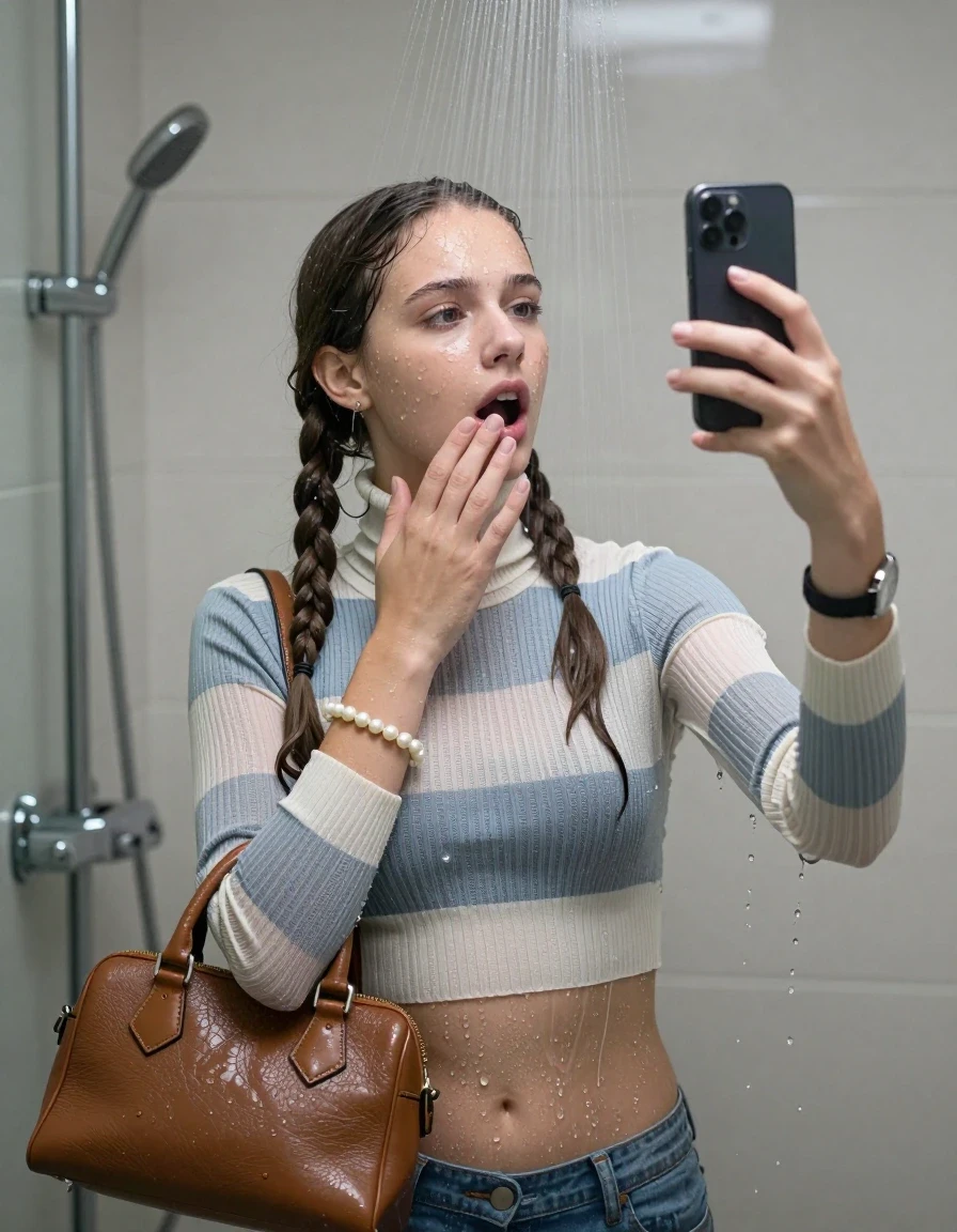photo of young woman, in soaking wet, drenched clothes,
, ,  tight striped knit turtleneck sweater belly free, handbag, pearl necklace, bracelet, wristwatch, Under the shower, strong jet of water, modern mirrored bathroom, 
enjoying, wet clothes stuck to body,
detailed textures of the wet clothes, wet face, wet plastered hair,
wet, drenched, professional, high-quality details, full body view.
sharp focus, ultra-high pixel detail, realistic, high-quality, full colors, incredibly detailed, 4k, 8k, 16k, hyper-realistic, RAW photo, masterpiece, ultra-detailed, professionally color graded, professional photograph, Two pigtails

15 years old  teenage girl

Only head and shoulders are over the surface visible. Open mouth, half closed eyes. Looking up. Take a Selfie with her smartphone. One Hand over her mouth.

she is completely underwater up to her neck, afraid and astonished expression. 

her submerged clothes are hardly vusible under water, she soaked her handbag into the water

close up view, wet skin, wet clothes, wet hair, damp fabric, water runs down the clothes, wet skin, wet clothes, damp fabric., wet skin, wet clothes, damp fabric, wet skin, wet clothes, damp fabric, wet skin, wet clothes, damp fabric, wet skin, wet clothes, damp fabric