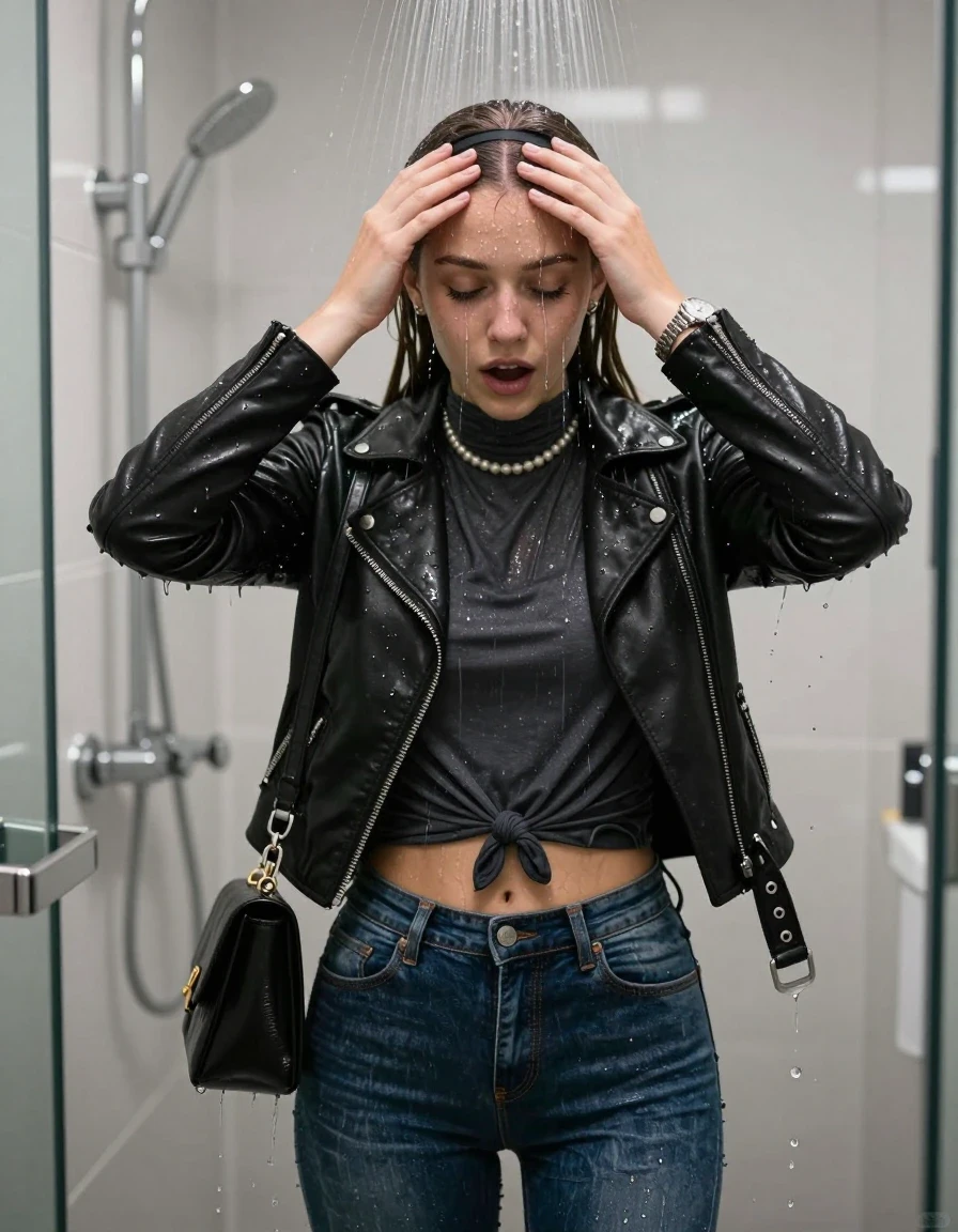 photo of young woman, in soaking wet, drenched clothes,
, Totaly wet tight skinny jeans, Black biker leatherjacket, tight knot turtleneck sweater belly free, handbag, pearl necklace, bracelet, wristwatch , Under the shower, strong jet of water, modern mirrored bathroom, 
enjoying, wet clothes stuck to body,
detailed textures of the wet clothes, wet face, wet plastered hair,
wet, drenched, professional, high-quality details, full body view.
sharp focus, ultra-high pixel detail, realistic, high-quality, full colors, incredibly detailed, 4k, 8k, 16k, hyper-realistic, RAW photo, masterpiece, ultra-detailed, professionally color graded, professional photograph, Sleek long straight hair with hairband

15 years old  teenage girl

Only head and shoulders are over the surface visible. Hold her hands over her forehead. Open mouth, closed eyes. Looking down.

she is completely underwater up to her neck, afraid and astonished expression. 

her submerged clothes are hardly vusible under water, she soaked her handbag into the water

close up view, wet skin, wet clothes, wet hair, damp fabric, water runs down the clothes, wet skin, wet clothes, damp fabric., wet skin, wet clothes, damp fabric, wet skin, wet clothes, damp fabric