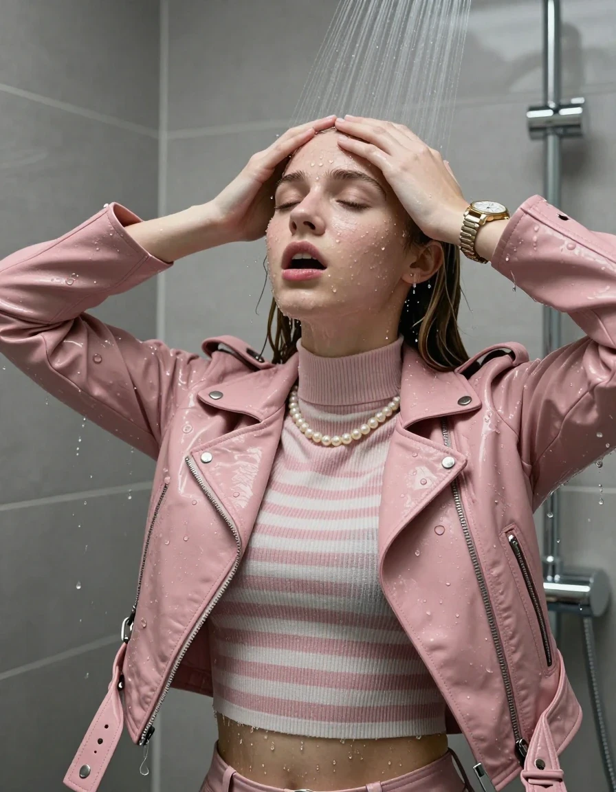 photo of young woman, in soaking wet, drenched clothes,
, , Light pink biker leatherjacket, tight striped knit turtleneck sweater belly free, handbag, pearl necklace, bracelet, wristwatch , Under the shower, strong jet of water, modern mirrored bathroom, 
enjoying, wet clothes stuck to body,
detailed textures of the wet clothes, wet face, wet plastered hair,
wet, drenched, professional, high-quality details, full body view.
sharp focus, ultra-high pixel detail, realistic, high-quality, full colors, incredibly detailed, 4k, 8k, 16k, hyper-realistic, RAW photo, masterpiece, ultra-detailed, professionally color graded, professional photograph, Sleek long straight hair with hairband

15 years old  teenage girl

Only head and shoulders are over the surface visible. Hold her hands over her forehead. Open mouth, closed eyes. Looking up.

she is completely underwater up to her neck, afraid and astonished expression. 

her submerged clothes are hardly vusible under water, she soaked her handbag into the water

close up view, wet skin, wet clothes, wet hair, damp fabric, water runs down the clothes, wet skin, wet clothes, damp fabric., wet skin, wet clothes, damp fabric, wet skin, wet clothes, damp fabric, wet skin, wet clothes, damp fabric
