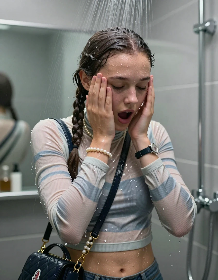 photo of young woman, in soaking wet, drenched clothes,
, , Moncler puffer down jacket, tight striped knit turtleneck sweater belly free, handbag, pearl necklace, bracelet, wristwatch, Under the shower, strong jet of water, modern mirrored bathroom, 
enjoying, wet clothes stuck to body,
detailed textures of the wet clothes, wet face, wet plastered hair,
wet, drenched, professional, high-quality details, full body view.
sharp focus, ultra-high pixel detail, realistic, high-quality, full colors, incredibly detailed, 4k, 8k, 16k, hyper-realistic, RAW photo, masterpiece, ultra-detailed, professionally color graded, professional photograph, Two pigtails

15 years old  teenage girl

Only head and shoulders are over the surface visible. Open mouth, closed eyes. Looking down. Hold her hands over her face.

she is completely underwater up to her neck, afraid and astonished expression. 

her submerged clothes are hardly vusible under water, she soaked her handbag into the water

close up view, wet skin, wet clothes, wet hair, damp fabric, water runs down the clothes, wet skin, wet clothes, damp fabric., wet skin, wet clothes, damp fabric, wet skin, wet clothes, damp fabric, wet skin, wet clothes, damp fabric