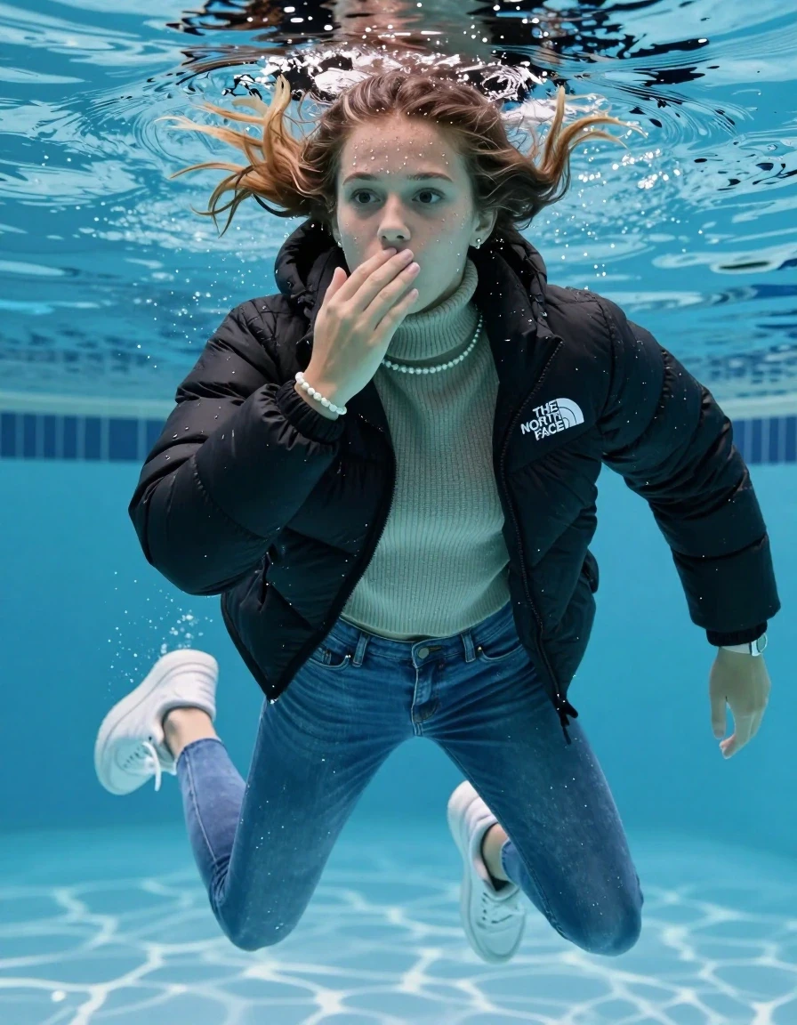 photo of young woman, in soaking wet, drenched clothes,
White sneakers , Completely soaked tight skinny jeans,  North face black puffer down jacket, tight knit turtleneck sweater, shoulderbag, pearl necklace, bracelet, wristwatch , Swimming half submerged underwater in swimming pool , 
enjoying, wet clothes stuck to body,
detailed textures of the wet clothes, wet face, wet plastered hair,
wet, drenched, professional, high-quality details, full body view.
sharp focus, ultra-high pixel detail, realistic, high-quality, full colors, incredibly detailed, 4k, 8k, 16k, hyper-realistic, RAW photo, masterpiece, ultra-detailed, professionally color graded, professional photograph, Sleek ponytail 

15 years old  teenage girl

Hold her hand on her mouth. Looking slightly away. 

she is completely underwater up to her neck, afraid and astonished expression. 

Swimming movements with Arms and legs. Breast swimming.

her submerged clothes are hardly vusible under water, she soaked her handbag into the water

close up view, wet skin, wet clothes, wet hair, damp fabric, water runs down the clothes, wet skin, wet clothes, damp fabric, wet skin, wet clothes, damp fabric, wet skin, wet clothes, damp fabric, wet skin, wet clothes, damp fabric, wet skin, wet clothes, damp fabric, wet skin, wet clothes, damp fabric, wet skin, wet clothes, damp fabric, wet skin, wet clothes, damp fabric, wet skin, wet clothes, damp fabric, wet skin, wet clothes, damp fabric, wet skin, wet clothes, damp fabric, wet skin, wet clothes, damp fabric, wet skin, wet clothes, damp fabric, wet skin, wet clothes, damp fabric, wet skin, wet clothes, damp fabric, wet skin, wet clothes, damp fabric, wet skin, wet clothes, damp fabric, wet skin, wet clothes, damp fabric, wet skin, wet clothes, damp fabric, wet skin, wet clothes, damp fabric