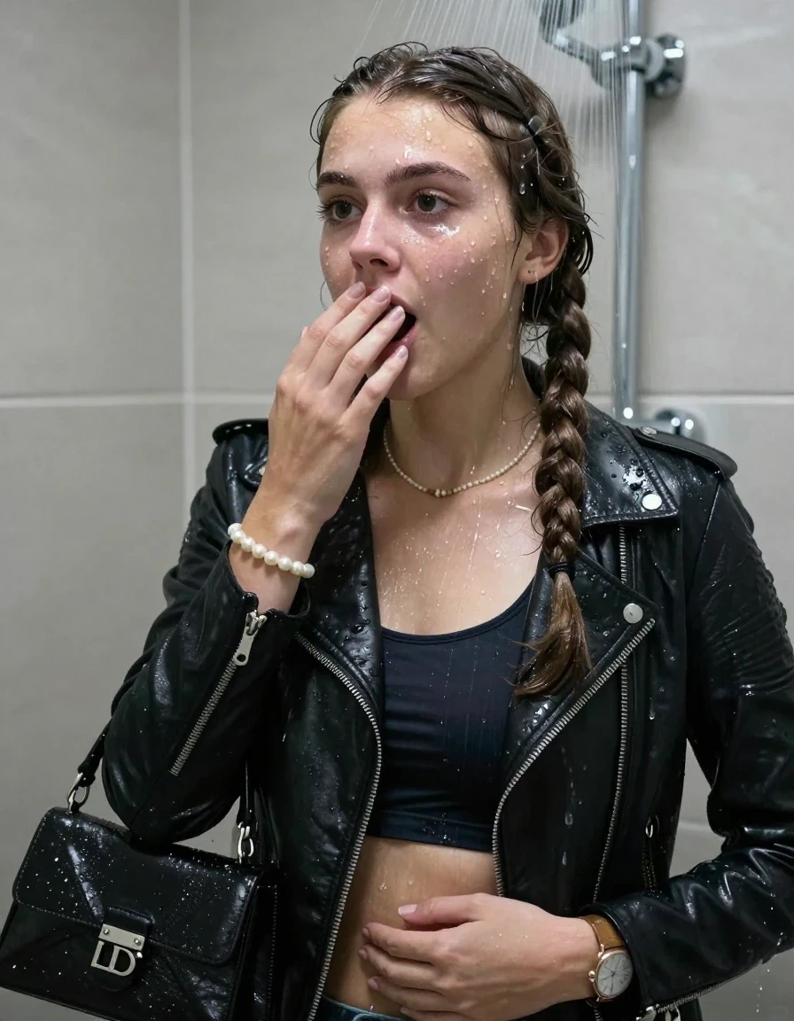 photo of young woman, in soaking wet, drenched clothes,
, , Black biker leatherjacket, tight sexy tshirt with wide neckline belly free, handbag, pearl necklace, bracelet, wristwatch , Under the shower, 
enjoying, wet clothes stuck to body,
detailed textures of the wet clothes, wet face, wet plastered hair,
wet, drenched, professional, high-quality details, full body view.
sharp focus, ultra-high pixel detail, realistic, high-quality, full colors, incredibly detailed, 4k, 8k, 16k, hyper-realistic, RAW photo, masterpiece, ultra-detailed, professionally color graded, professional photograph, Two long braids

15 years old  teenage girl

Only head and shoulders are over the surface visible. Looking slightly away. Hold her hand over her mouth. Open mouth, big eyes.

she is completely underwater up to her neck, afraid and astonished expression. 

her submerged clothes are hardly vusible under water, she soaked her handbag into the water

close up view, wet skin, wet clothes, wet hair, damp fabric, water runs down the clothes, wet skin, wet clothes, damp fabric., wet skin, wet clothes, damp fabric