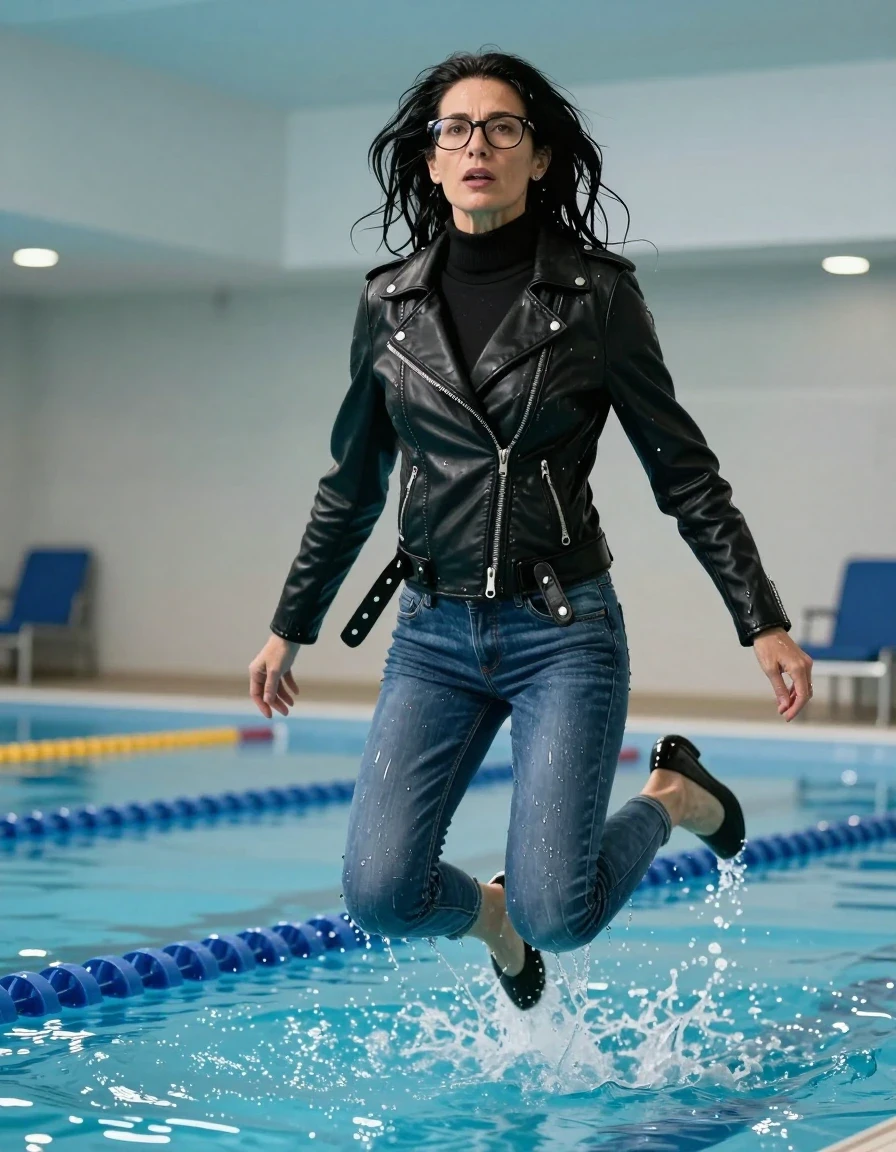 photo of young woman, in soaking wet, drenched clothes,
shoes, long blue jeans, black high-neck sweater with long sleeves, black leather byker jacket, jump in indoor swimming pool, enjoying wet clothes stuck body, enjoying, wet clothes stuck to body, 
enjoying, wet clothes stuck to body,
detailed textures of the wet clothes, wet face, wet plastered hair,
wet, drenched, professional, high-quality details, full body view.
sharp focus, ultra-high pixel detail, realistic, high-quality, full colors, incredibly detailed, 4k, 8k, 16k, hyper-realistic, RAW photo, masterpiece, ultra-detailed, professionally color graded, professional photograph, europen brunette skinny woman 50 years old, long dark black hair, very big and thick lips,  office glasses, complete body, wet skin, wet clothes, damp fabric, wet skin, wet clothes, damp fabric, wet skin, wet clothes, damp fabric, wet skin, wet clothes, damp fabric, wet skin, wet clothes, damp fabric