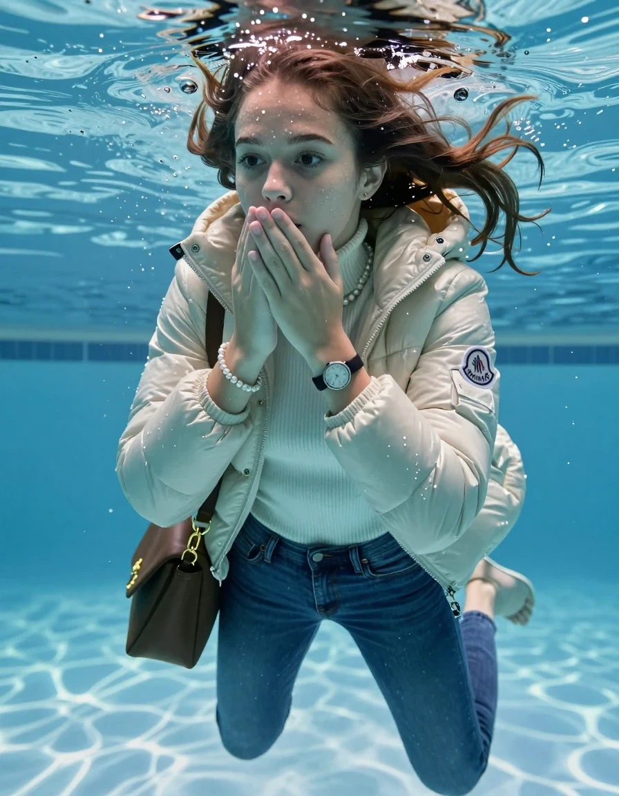 photo of young woman, in soaking wet, drenched clothes,
Boots, Completely soaked tight skinny jeans, Moncler shiny puffer down jacket, tight knit turtleneck sweater, shoulderbag, pearl necklace, bracelet, wristwatch , Swimming underwater in swimming pool , 
enjoying, wet clothes stuck to body,
detailed textures of the wet clothes, wet face, wet plastered hair,
wet, drenched, professional, high-quality details, full body view.
sharp focus, ultra-high pixel detail, realistic, high-quality, full colors, incredibly detailed, 4k, 8k, 16k, hyper-realistic, RAW photo, masterpiece, ultra-detailed, professionally color graded, professional photograph, Sleek long straight hair

15 years old  teenage girl

Looking slightly away. Hold her hands over mouth, closed mouth.

she is completely underwater up to her neck, afraid and astonished expression. 

her submerged clothes are hardly vusible under water, she soaked her handbag into the water

close up view, wet skin, wet clothes, wet hair, damp fabric, water runs down the clothes, wet skin, wet clothes, damp fabric, wet skin, wet clothes, damp fabric, wet skin, wet clothes, damp fabric, wet skin, wet clothes, damp fabric, wet skin, wet clothes, damp fabric, wet skin, wet clothes, damp fabric, wet skin, wet clothes, damp fabric, wet skin, wet clothes, damp fabric, wet skin, wet clothes, damp fabric, wet skin, wet clothes, damp fabric, wet skin, wet clothes, damp fabric, wet skin, wet clothes, damp fabric, wet skin, wet clothes, damp fabric, wet skin, wet clothes, damp fabric, wet skin, wet clothes, damp fabric, wet skin, wet clothes, damp fabric, wet skin, wet clothes, damp fabric, wet skin, wet clothes, damp fabric, wet skin, wet clothes, damp fabric