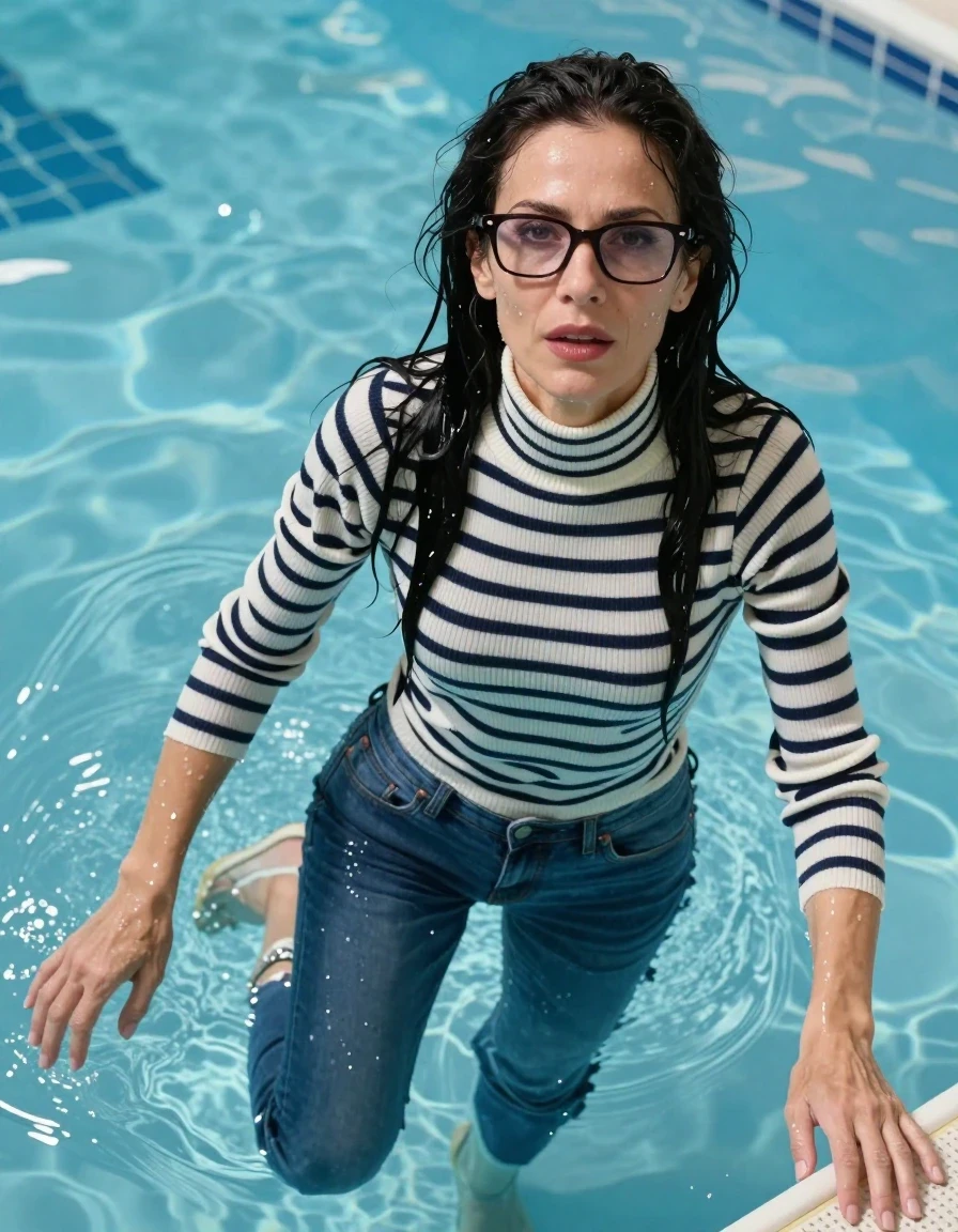 photo of young woman, in soaking wet, drenched clothes,
shoes, long blue jeans, white & black striped high-neck sweater with long sleeves, Swimming half submerged underwater in swimming pool, enjoying wet clothes stuck body, enjoying, wet clothes stuck to body, 
enjoying, wet clothes stuck to body,
detailed textures of the wet clothes, wet face, wet plastered hair,
wet, drenched, professional, high-quality details, full body view.
sharp focus, ultra-high pixel detail, realistic, high-quality, full colors, incredibly detailed, 4k, 8k, 16k, hyper-realistic, RAW photo, masterpiece, ultra-detailed, professionally color graded, professional photograph, europen brunette skinny woman 50 years old, long dark black hair, very big and thick lips,  office glasses, complete body, wet skin, wet clothes, damp fabric, wet skin, wet clothes, damp fabric, wet skin, wet clothes, damp fabric, wet skin, wet clothes, damp fabric, wet skin, wet clothes, damp fabric