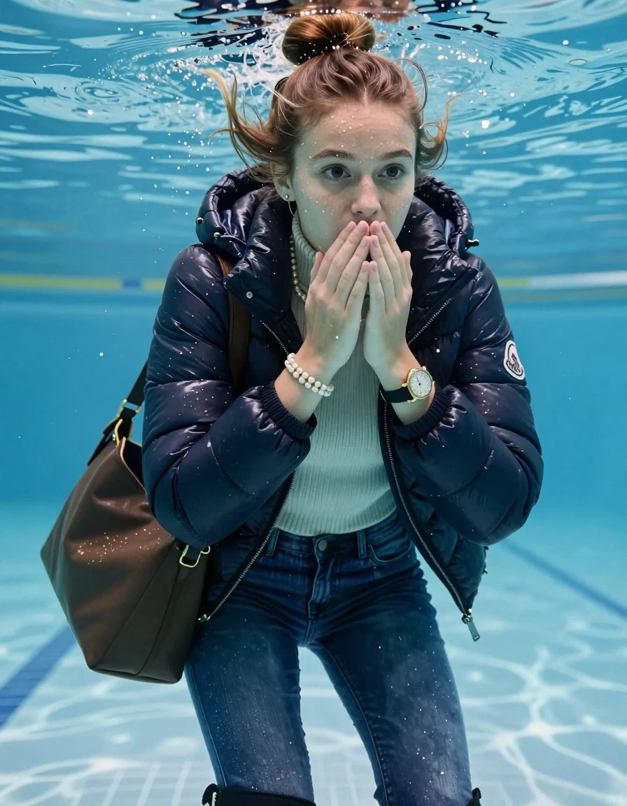 photo of young woman, in soaking wet, drenched clothes,
Boots, Completely soaked tight skinny jeans, Moncler shiny puffer down jacket, tight knit turtleneck sweater, shoulderbag, pearl necklace, bracelet, wristwatch , Swimming half underwater in swimming pool , 
enjoying, wet clothes stuck to body,
detailed textures of the wet clothes, wet face, wet plastered hair,
wet, drenched, professional, high-quality details, full body view.
sharp focus, ultra-high pixel detail, realistic, high-quality, full colors, incredibly detailed, 4k, 8k, 16k, hyper-realistic, RAW photo, masterpiece, ultra-detailed, professionally color graded, professional photograph, Topknot

15 years old  teenage girl

Looking slightly away. Hold her hands over mouth, closed mouth.

she is completely underwater up to her neck, afraid and astonished expression. 

her submerged clothes are hardly vusible under water, she soaked her handbag into the water

close up view, wet skin, wet clothes, wet hair, damp fabric, water runs down the clothes, wet skin, wet clothes, damp fabric, wet skin, wet clothes, damp fabric, wet skin, wet clothes, damp fabric, wet skin, wet clothes, damp fabric, wet skin, wet clothes, damp fabric, wet skin, wet clothes, damp fabric, wet skin, wet clothes, damp fabric, wet skin, wet clothes, damp fabric, wet skin, wet clothes, damp fabric, wet skin, wet clothes, damp fabric, wet skin, wet clothes, damp fabric, wet skin, wet clothes, damp fabric, wet skin, wet clothes, damp fabric, wet skin, wet clothes, damp fabric, wet skin, wet clothes, damp fabric, wet skin, wet clothes, damp fabric, wet skin, wet clothes, damp fabric, wet skin, wet clothes, damp fabric, wet skin, wet clothes, damp fabric
