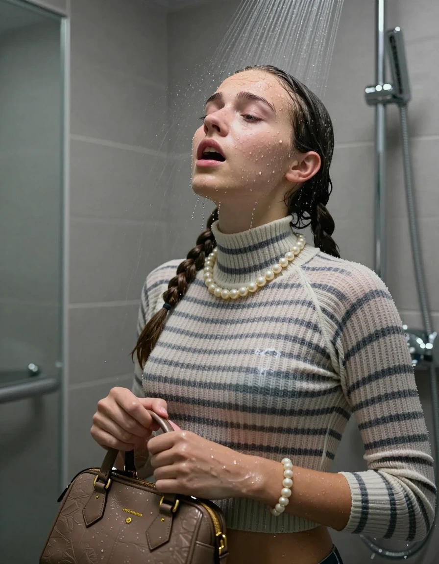 photo of young woman, in soaking wet, drenched clothes,
, ,  tight striped knit turtleneck sweater belly free, handbag, pearl necklace, bracelet, wristwatch, Under the shower, strong jet of water, modern mirrored bathroom, 
enjoying, wet clothes stuck to body,
detailed textures of the wet clothes, wet face, wet plastered hair,
wet, drenched, professional, high-quality details, full body view.
sharp focus, ultra-high pixel detail, realistic, high-quality, full colors, incredibly detailed, 4k, 8k, 16k, hyper-realistic, RAW photo, masterpiece, ultra-detailed, professionally color graded, professional photograph, Two pigtails

15 years old  teenage girl

Only head and shoulders are over the surface visible. Open mouth, closed eyes. Looking up. 

she is completely underwater up to her neck, afraid and astonished expression. 

her submerged clothes are hardly vusible under water, she soaked her handbag into the water

close up view, wet skin, wet clothes, wet hair, damp fabric, water runs down the clothes, wet skin, wet clothes, damp fabric., wet skin, wet clothes, damp fabric, wet skin, wet clothes, damp fabric, wet skin, wet clothes, damp fabric, wet skin, wet clothes, damp fabric