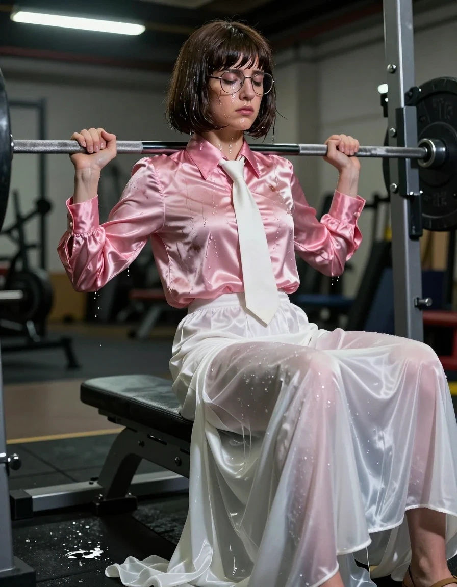 A photorealistic, highly detailed shot of an exhausted young adult European woman with a distinctive Beatles-style bowl cut hairstyle, performing a bench press in a gritty, industrial gym. She is wearing an oversized pink long-sleeved satin blouse with a crisp white necktie and a floor-length white silk skirt that is excessively long, pooling around her sandals. The subject is visibly drenched in sweat, with her skin glistening and hair matted and wet. The pink satin blouse is heavily soaked, clinging to her frame with dark, translucent patches and deep, wet folds that emphasize the fabric's sheen and texture. The white silk skirt is translucent and clings to her legs, appearing heavy and saturated with moisture. She has a nerdy look, wearing thick-rimmed glasses, with a strained, exhausted expression on her face as she lifts a barbell. The gym environment is dimly lit with harsh overhead fluorescent lighting casting strong specular highlights on her wet skin and the damp fabric. Cinematic composition, 8k resolution, sharp focus on the textures of the wet silk and satin, hyper-realistic moisture beads and sweat rivulets.