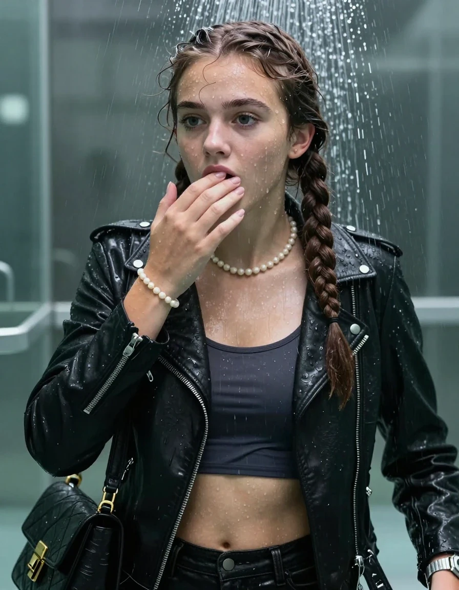 photo of young woman, in soaking wet, drenched clothes,
, , Black biker leatherjacket, tight sexy tshirt with wide neckline belly free, handbag, pearl necklace, bracelet, wristwatch , Under the shower, 
enjoying, wet clothes stuck to body,
detailed textures of the wet clothes, wet face, wet plastered hair,
wet, drenched, professional, high-quality details, full body view.
sharp focus, ultra-high pixel detail, realistic, high-quality, full colors, incredibly detailed, 4k, 8k, 16k, hyper-realistic, RAW photo, masterpiece, ultra-detailed, professionally color graded, professional photograph, Two long braids

15 years old  teenage girl

Only head and shoulders are over the surface visible. Looking slightly away. Hold her hand on her mouth.

she is completely underwater up to her neck, afraid and astonished expression. 

her submerged clothes are hardly vusible under water, she soaked her handbag into the water

close up view, wet skin, wet clothes, wet hair, damp fabric, water runs down the clothes, wet skin, wet clothes, damp fabric., wet skin, wet clothes, damp fabric