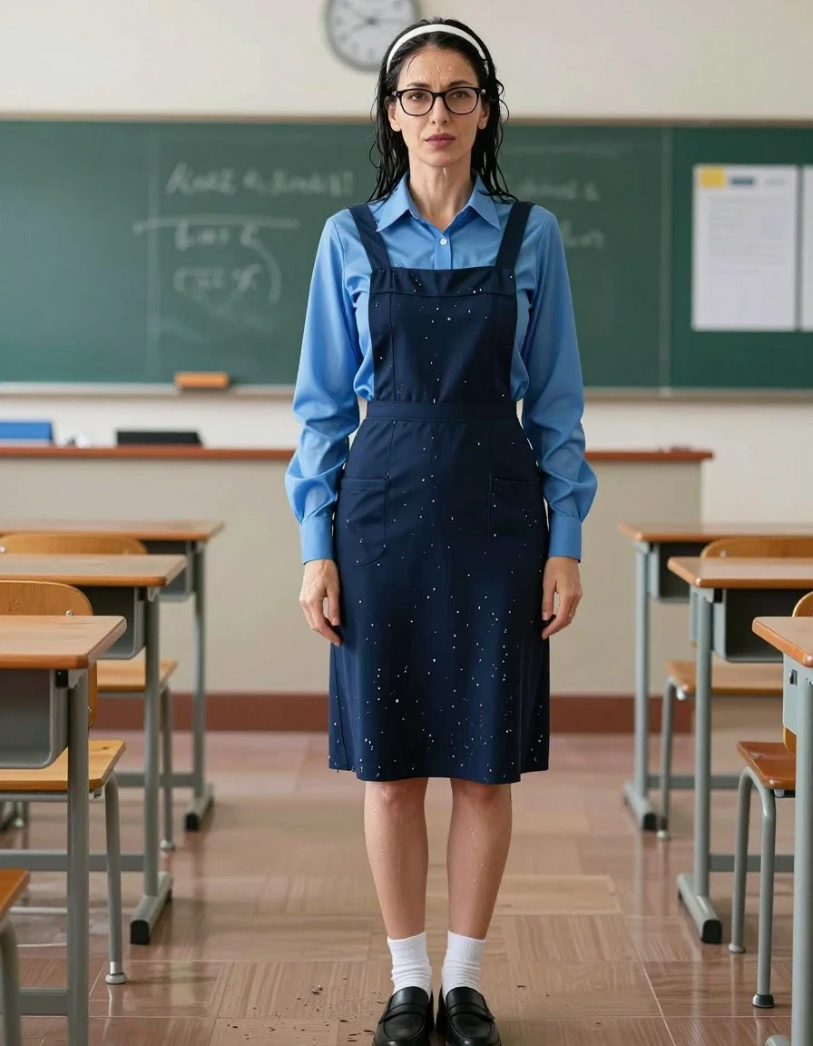 photo of young woman, in soaking wet, drenched clothes,
black shoes, white socks, school uniform with maxi dark blue school tight pinafore with pocket and blue shirt with long sleeves, school uniform with maxi dark blue school tight pinafore with pocket and blue shirt with long sleeves, after swimming in classroom, enjoying wet clothes stuck body, enjoying, wet clothes stuck to body, 
enjoying, wet clothes stuck to body,
detailed textures of the wet clothes, wet face, wet plastered hair,
wet, drenched, professional, high-quality details, full body view.
sharp focus, ultra-high pixel detail, realistic, high-quality, full colors, incredibly detailed, 4k, 8k, 16k, hyper-realistic, RAW photo, masterpiece, ultra-detailed, professionally color graded, professional photograph, europen brunette skinny woman 50 years old, long dark black hair, very big and thick lips,  office glasses, white headband, complete body, wet skin, wet clothes, damp fabric, wet skin, wet clothes, damp fabric, wet skin, wet clothes, damp fabric, wet skin, wet clothes, damp fabric, wet skin, wet clothes, damp fabric