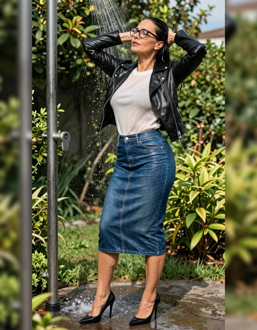 photo of young woman, in soaking wet, drenched clothes,
stlletto shoes, long blue leather denim skirt, white sweater, black byker leather jacket, takin shower in sunny garden, enjoying wet clothes stuck body, enjoying, wet clothes stuck to body, 
enjoying, wet clothes stuck to body,
detailed textures of the wet clothes, wet face, wet plastered hair,
wet, drenched, professional, high-quality details, full body view.
sharp focus, ultra-high pixel detail, realistic, high-quality, full colors, incredibly detailed, 4k, 8k, 16k, hyper-realistic, RAW photo, masterpiece, ultra-detailed, professionally color graded, professional photograph, europen brunette skinny woman 50 years old, long dark black hair, very big and thick lips,  office glasses, complete body, wet skin, wet clothes, damp fabric, wet skin, wet clothes, damp fabric, wet skin, wet clothes, damp fabric, wet skin, wet clothes, damp fabric, wet skin, wet clothes, damp fabric