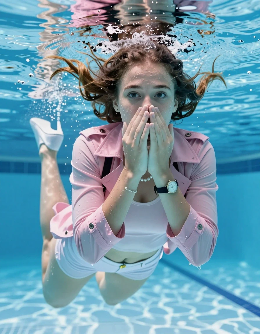 photo of young woman, in soaking wet, drenched clothes,
Heels, White mini , Pink trenchcoat, tight sexy tshirt with wide neckline belly free, shoulderbag, pearl necklace, bracelet, wristwatch , Swimming underwater in swimming pool, only head is visible over surface, 
enjoying, wet clothes stuck to body,
detailed textures of the wet clothes, wet face, wet plastered hair,
wet, drenched, professional, high-quality details, full body view.
sharp focus, ultra-high pixel detail, realistic, high-quality, full colors, incredibly detailed, 4k, 8k, 16k, hyper-realistic, RAW photo, masterpiece, ultra-detailed, professionally color graded, professional photograph, Two sleek long braids

15 years old  teenage girl

Covers her nose with her hands. Looking slightly away. Open mouth, big eyes.

she is completely underwater up to her neck, afraid and astonished expression. 

Swimming movements with Arms and legs. Breast swimming.

her submerged clothes are hardly vusible under water, she soaked her handbag into the water

close up view, wet skin, wet clothes, wet hair, damp fabric, water runs down the clothes, wet skin, wet clothes, damp fabric, wet skin, wet clothes, damp fabric, wet skin, wet clothes, damp fabric, wet skin, wet clothes, damp fabric, wet skin, wet clothes, damp fabric, wet skin, wet clothes, damp fabric, wet skin, wet clothes, damp fabric, wet skin, wet clothes, damp fabric, wet skin, wet clothes, damp fabric, wet skin, wet clothes, damp fabric, wet skin, wet clothes, damp fabric, wet skin, wet clothes, damp fabric, wet skin, wet clothes, damp fabric, wet skin, wet clothes, damp fabric, wet skin, wet clothes, damp fabric, wet skin, wet clothes, damp fabric, wet skin, wet clothes, damp fabric, wet skin, wet clothes, damp fabric, wet skin, wet clothes, damp fabric, wet skin, wet clothes, damp fabric, wet skin, wet clothes, damp fabric, wet skin, wet clothes, damp fabric, wet skin, wet clothes, damp fabric, wet skin, wet clothes, damp fabric