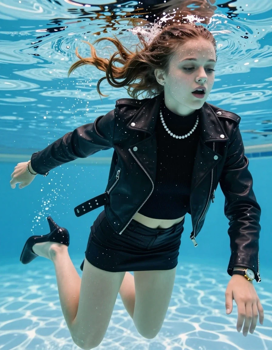 photo of young woman, in soaking wet, drenched clothes,
High Heels, Short black mini skirt, Black biker leatherjacket, tight knit turtleneck sweater belly free, shoulderbag, pearl necklace, bracelet, wristwatch , Swimming half submerged underwater in swimming pool , 
enjoying, wet clothes stuck to body,
detailed textures of the wet clothes, wet face, wet plastered hair,
wet, drenched, professional, high-quality details, full body view.
sharp focus, ultra-high pixel detail, realistic, high-quality, full colors, incredibly detailed, 4k, 8k, 16k, hyper-realistic, RAW photo, masterpiece, ultra-detailed, professionally color graded, professional photograph, Two sleek long braids

15 years old  teenage girl. Looking slightly away. Open mouth, closed eyes.

she is completely underwater up to her neck, afraid and astonished expression. 

Swimming movements with Arms and legs. Breast swimming.

her submerged clothes are hardly vusible under water, she soaked her handbag into the water

close up view, wet skin, wet clothes, wet hair, damp fabric, water runs down the clothes, wet skin, wet clothes, damp fabric, wet skin, wet clothes, damp fabric, wet skin, wet clothes, damp fabric, wet skin, wet clothes, damp fabric, wet skin, wet clothes, damp fabric, wet skin, wet clothes, damp fabric, wet skin, wet clothes, damp fabric, wet skin, wet clothes, damp fabric, wet skin, wet clothes, damp fabric, wet skin, wet clothes, damp fabric, wet skin, wet clothes, damp fabric, wet skin, wet clothes, damp fabric, wet skin, wet clothes, damp fabric, wet skin, wet clothes, damp fabric, wet skin, wet clothes, damp fabric, wet skin, wet clothes, damp fabric, wet skin, wet clothes, damp fabric, wet skin, wet clothes, damp fabric, wet skin, wet clothes, damp fabric, wet skin, wet clothes, damp fabric, wet skin, wet clothes, damp fabric