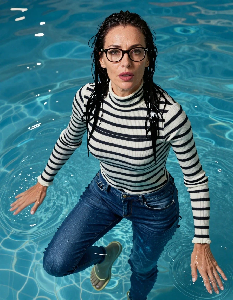 photo of young woman, in soaking wet, drenched clothes,
shoes, long blue jeans, white & black striped high-neck sweater with long sleeves, Swimming half submerged underwater in swimming pool, enjoying wet clothes stuck body, enjoying, wet clothes stuck to body, 
enjoying, wet clothes stuck to body,
detailed textures of the wet clothes, wet face, wet plastered hair,
wet, drenched, professional, high-quality details, full body view.
sharp focus, ultra-high pixel detail, realistic, high-quality, full colors, incredibly detailed, 4k, 8k, 16k, hyper-realistic, RAW photo, masterpiece, ultra-detailed, professionally color graded, professional photograph, europen brunette skinny woman 50 years old, long dark black hair, very big and thick lips,  office glasses, complete body, wet skin, wet clothes, damp fabric, wet skin, wet clothes, damp fabric, wet skin, wet clothes, damp fabric, wet skin, wet clothes, damp fabric, wet skin, wet clothes, damp fabric