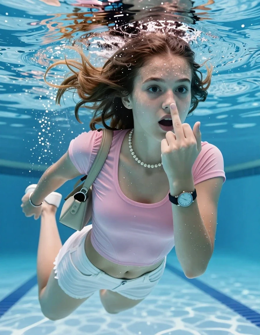 photo of young woman, in soaking wet, drenched clothes,
Heels, White mini , tight pink sexy tshirt with wide neckline belly free, shoulderbag, pearl necklace, bracelet, wristwatch , Swimming underwater in swimming pool, only head is visible over surface, 
enjoying, wet clothes stuck to body,
detailed textures of the wet clothes, wet face, wet plastered hair,
wet, drenched, professional, high-quality details, full body view.
sharp focus, ultra-high pixel detail, realistic, high-quality, full colors, incredibly detailed, 4k, 8k, 16k, hyper-realistic, RAW photo, masterpiece, ultra-detailed, professionally color graded, professional photograph, sleek long straight hair 

15 years old  teenage girl

Covers her nose with one hand. Shows the middle finger with one hand. Looking slightly away. Open mouth, big eyes.

she is completely underwater up to her neck, afraid and astonished expression. 

Swimming movements with Arms and legs. Breast swimming.

her submerged clothes are hardly vusible under water, she soaked her handbag into the water

close up view, wet skin, wet clothes, wet hair, damp fabric, water runs down the clothes, wet skin, wet clothes, damp fabric, wet skin, wet clothes, damp fabric, wet skin, wet clothes, damp fabric, wet skin, wet clothes, damp fabric, wet skin, wet clothes, damp fabric, wet skin, wet clothes, damp fabric, wet skin, wet clothes, damp fabric, wet skin, wet clothes, damp fabric, wet skin, wet clothes, damp fabric, wet skin, wet clothes, damp fabric, wet skin, wet clothes, damp fabric, wet skin, wet clothes, damp fabric, wet skin, wet clothes, damp fabric, wet skin, wet clothes, damp fabric, wet skin, wet clothes, damp fabric, wet skin, wet clothes, damp fabric, wet skin, wet clothes, damp fabric, wet skin, wet clothes, damp fabric, wet skin, wet clothes, damp fabric, wet skin, wet clothes, damp fabric, wet skin, wet clothes, damp fabric, wet skin, wet clothes, damp fabric, wet skin, wet clothes, damp fabric, wet skin, wet clothes, damp fabric