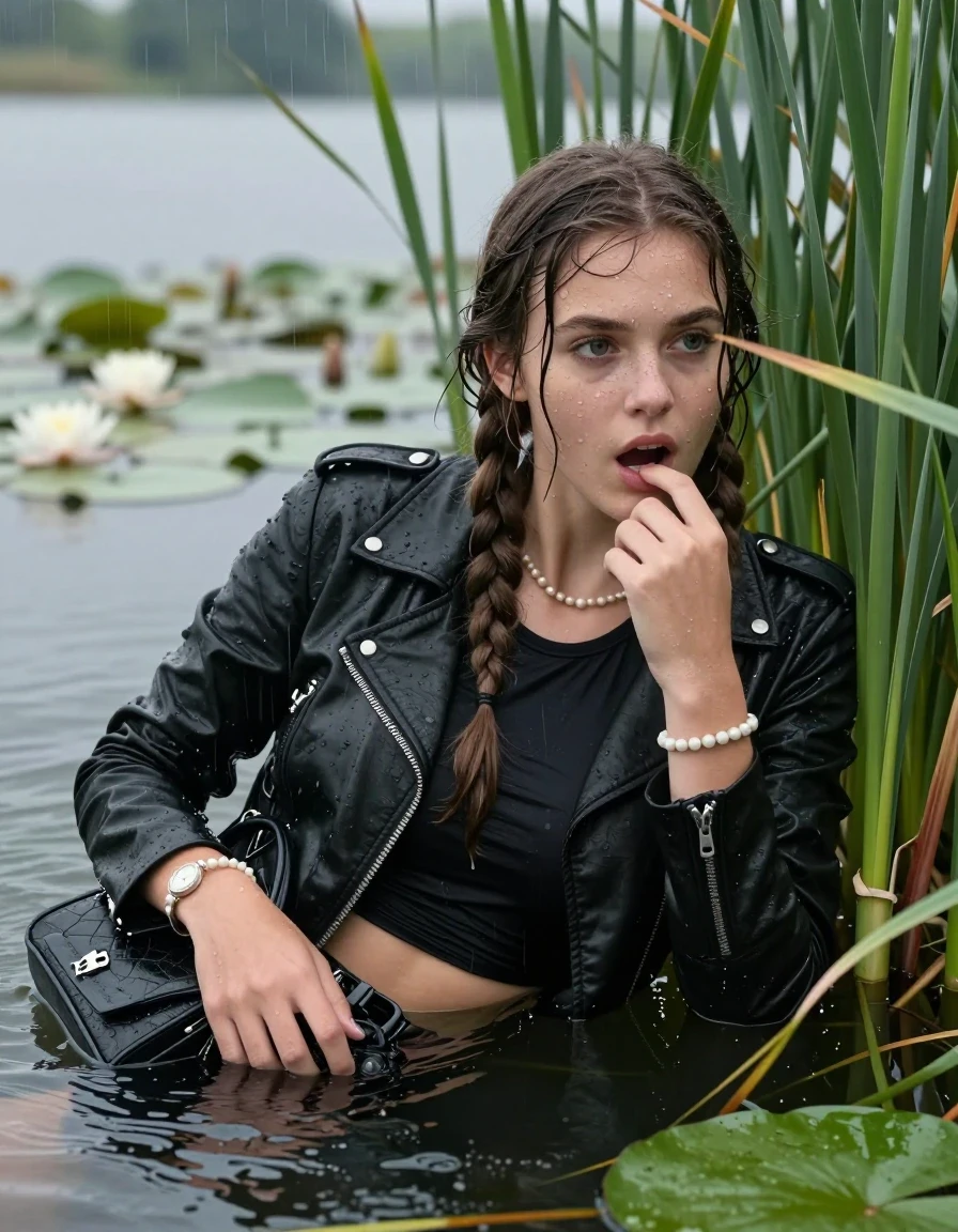 photo of young woman, in soaking wet, drenched clothes,
, , Black biker leatherjacket, tight sexy tshirt with wide neckline belly free, handbag, pearl necklace, bracelet, wristwatch , Emerging after diving in a lake with water lilies and reeds, rain , 
enjoying, wet clothes stuck to body,
detailed textures of the wet clothes, wet face, wet plastered hair,
wet, drenched, professional, high-quality details, full body view.
sharp focus, ultra-high pixel detail, realistic, high-quality, full colors, incredibly detailed, 4k, 8k, 16k, hyper-realistic, RAW photo, masterpiece, ultra-detailed, professionally color graded, professional photograph, Two long braids

15 years old  teenage girl

Laying her breast on the surface.  Looking slightly away. Puts a finger in the mouth.

she is completely underwater up to her neck, afraid and astonished expression. 

She hides in the reeds and is surprised by spectators

her submerged clothes are hardly vusible under water, she soaked her handbag into the water

close up view, wet skin, wet clothes, wet hair, damp fabric, water runs down the clothes, wet skin, wet clothes, damp fabric, wet skin, wet clothes, damp fabric, wet skin, wet clothes, damp fabric, wet skin, wet clothes, damp fabric, wet skin, wet clothes, damp fabric, wet skin, wet clothes, damp fabric, wet skin, wet clothes, damp fabric, wet skin, wet clothes, damp fabric, wet skin, wet clothes, damp fabric, wet skin, wet clothes, damp fabric, wet skin, wet clothes, damp fabric, wet skin, wet clothes, damp fabric, wet skin, wet clothes, damp fabric, wet skin, wet clothes, damp fabric, wet skin, wet clothes, damp fabric, wet skin, wet clothes, damp fabric, wet skin, wet clothes, damp fabric, wet skin, wet clothes, damp fabric, wet skin, wet clothes, damp fabric, wet skin, wet clothes, damp fabric