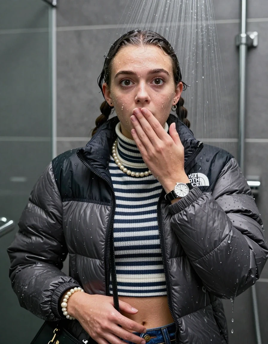 photo of young woman, in soaking wet, drenched clothes,
, , North face puffer down jacket, tight striped knit turtleneck sweater belly free, handbag, pearl necklace, bracelet, wristwatch, knitted scarf, Under the shower, strong jet of water, modern mirrored bathroom, 
enjoying, wet clothes stuck to body,
detailed textures of the wet clothes, wet face, wet plastered hair,
wet, drenched, professional, high-quality details, full body view.
sharp focus, ultra-high pixel detail, realistic, high-quality, full colors, incredibly detailed, 4k, 8k, 16k, hyper-realistic, RAW photo, masterpiece, ultra-detailed, professionally color graded, professional photograph, Two pigtails

15 years old  teenage girl

Only head and shoulders are over the surface visible. Open mouth, big eyes. Looking at camera. Hold her hand on her mouth.

she is completely underwater up to her neck, afraid and astonished expression. 

her submerged clothes are hardly vusible under water, she soaked her handbag into the water

close up view, wet skin, wet clothes, wet hair, damp fabric, water runs down the clothes, wet skin, wet clothes, damp fabric., wet skin, wet clothes, damp fabric, wet skin, wet clothes, damp fabric, wet skin, wet clothes, damp fabric