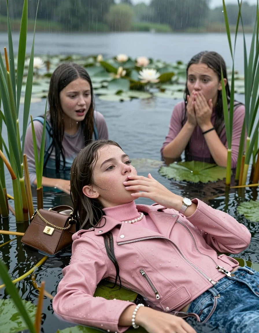 photo of young woman, in soaking wet, drenched clothes,
, , Light pink biker leatherjacket, tight turtleneck sweater with wide neckline belly free, handbag, pearl necklace, bracelet, wristwatch , Two 15-years-old teenage girls Emerging after diving in a lake with water lilies and reeds, rain , 
enjoying, wet clothes stuck to body,
detailed textures of the wet clothes, wet face, wet plastered hair,
wet, drenched, professional, high-quality details, full body view.
sharp focus, ultra-high pixel detail, realistic, high-quality, full colors, incredibly detailed, 4k, 8k, 16k, hyper-realistic, RAW photo, masterpiece, ultra-detailed, professionally color graded, professional photograph, Sleek long straight hair

15 years old  teenage girl

Laying her breast on the surface.  Looking slightly away. Hold her hand on her mouth. Open mouth, big eyes.

she is completely underwater up to her neck, afraid and astonished expression. 

The girls wear different clothes.

She hides in the reeds and is surprised by spectators

her submerged clothes are hardly vusible under water, she soaked her handbag into the water

close up view, wet skin, wet clothes, wet hair, damp fabric, water runs down the clothes, wet skin, wet clothes, damp fabric., wet skin, wet clothes, damp fabric, wet skin, wet clothes, damp fabric, wet skin, wet clothes, damp fabric