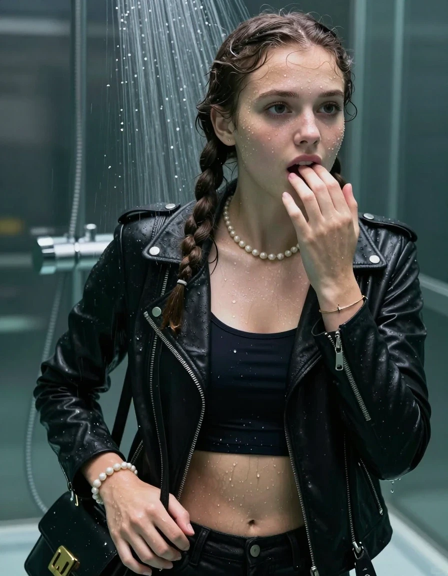 photo of young woman, in soaking wet, drenched clothes,
, , Black biker leatherjacket, tight sexy tshirt with wide neckline belly free, handbag, pearl necklace, bracelet, wristwatch , Under the shower, 
enjoying, wet clothes stuck to body,
detailed textures of the wet clothes, wet face, wet plastered hair,
wet, drenched, professional, high-quality details, full body view.
sharp focus, ultra-high pixel detail, realistic, high-quality, full colors, incredibly detailed, 4k, 8k, 16k, hyper-realistic, RAW photo, masterpiece, ultra-detailed, professionally color graded, professional photograph, Two long braids

15 years old  teenage girl

Only head and shoulders are over the surface visible. Looking slightly away. Hold her hand on her mouth.

she is completely underwater up to her neck, afraid and astonished expression. 

her submerged clothes are hardly vusible under water, she soaked her handbag into the water

close up view, wet skin, wet clothes, wet hair, damp fabric, water runs down the clothes, wet skin, wet clothes, damp fabric., wet skin, wet clothes, damp fabric