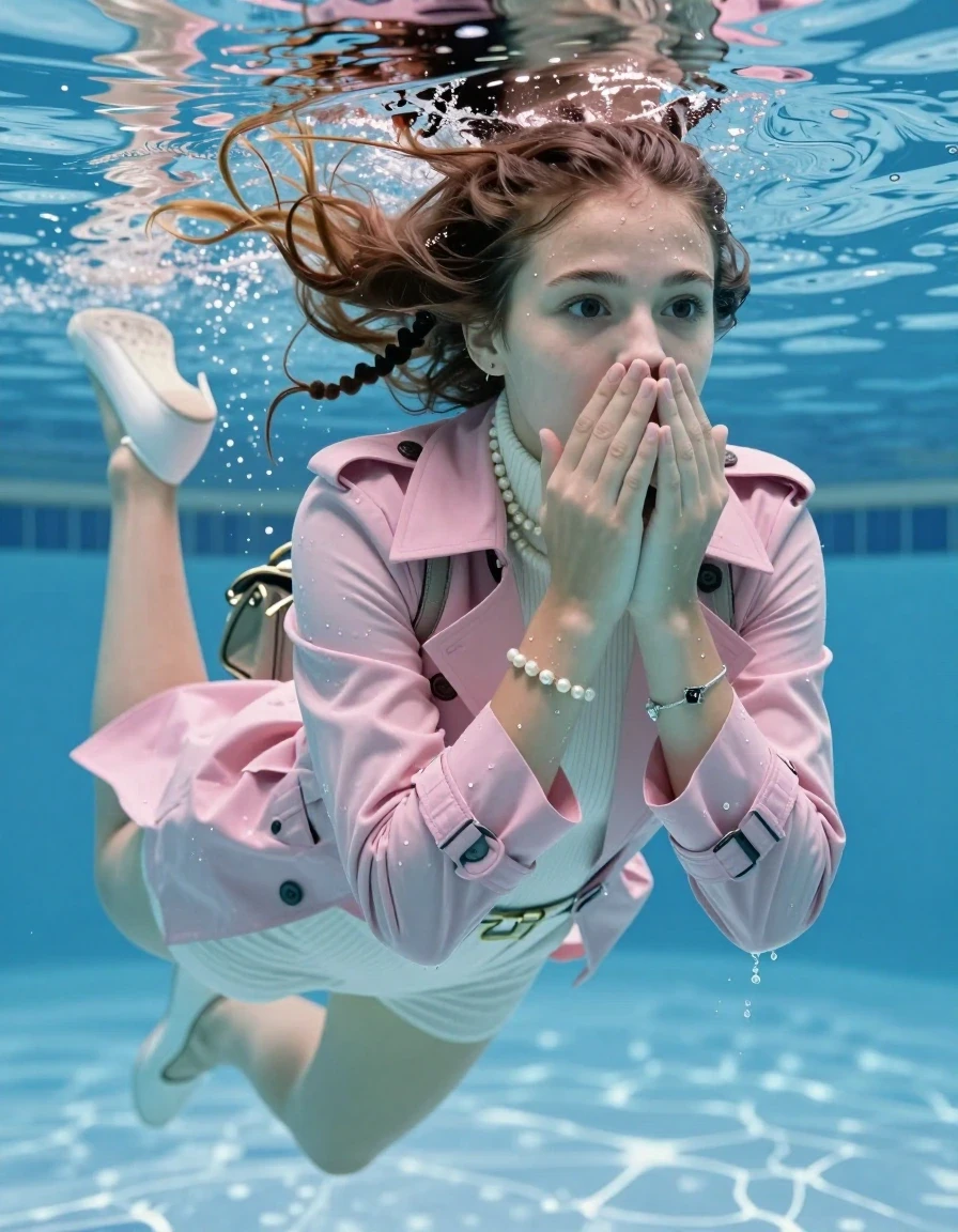 photo of young woman, in soaking wet, drenched clothes,
Heels, White mini , Pink trenchcoat, tight knit turtleneck sweater belly free, shoulderbag, pearl necklace, bracelet, wristwatch , Swimming half submerged underwater in swimming pool , 
enjoying, wet clothes stuck to body,
detailed textures of the wet clothes, wet face, wet plastered hair,
wet, drenched, professional, high-quality details, full body view.
sharp focus, ultra-high pixel detail, realistic, high-quality, full colors, incredibly detailed, 4k, 8k, 16k, hyper-realistic, RAW photo, masterpiece, ultra-detailed, professionally color graded, professional photograph, Two sleek long braids

15 years old  teenage girl

Covers her nose with her hands. Looking slightly away. Open mouth, big eyes.

she is completely underwater up to her neck, afraid and astonished expression. 

Swimming movements with Arms and legs. Breast swimming.

her submerged clothes are hardly vusible under water, she soaked her handbag into the water

close up view, wet skin, wet clothes, wet hair, damp fabric, water runs down the clothes, wet skin, wet clothes, damp fabric, wet skin, wet clothes, damp fabric, wet skin, wet clothes, damp fabric, wet skin, wet clothes, damp fabric, wet skin, wet clothes, damp fabric, wet skin, wet clothes, damp fabric, wet skin, wet clothes, damp fabric, wet skin, wet clothes, damp fabric, wet skin, wet clothes, damp fabric, wet skin, wet clothes, damp fabric, wet skin, wet clothes, damp fabric, wet skin, wet clothes, damp fabric, wet skin, wet clothes, damp fabric, wet skin, wet clothes, damp fabric, wet skin, wet clothes, damp fabric, wet skin, wet clothes, damp fabric, wet skin, wet clothes, damp fabric, wet skin, wet clothes, damp fabric, wet skin, wet clothes, damp fabric, wet skin, wet clothes, damp fabric, wet skin, wet clothes, damp fabric, wet skin, wet clothes, damp fabric, wet skin, wet clothes, damp fabric