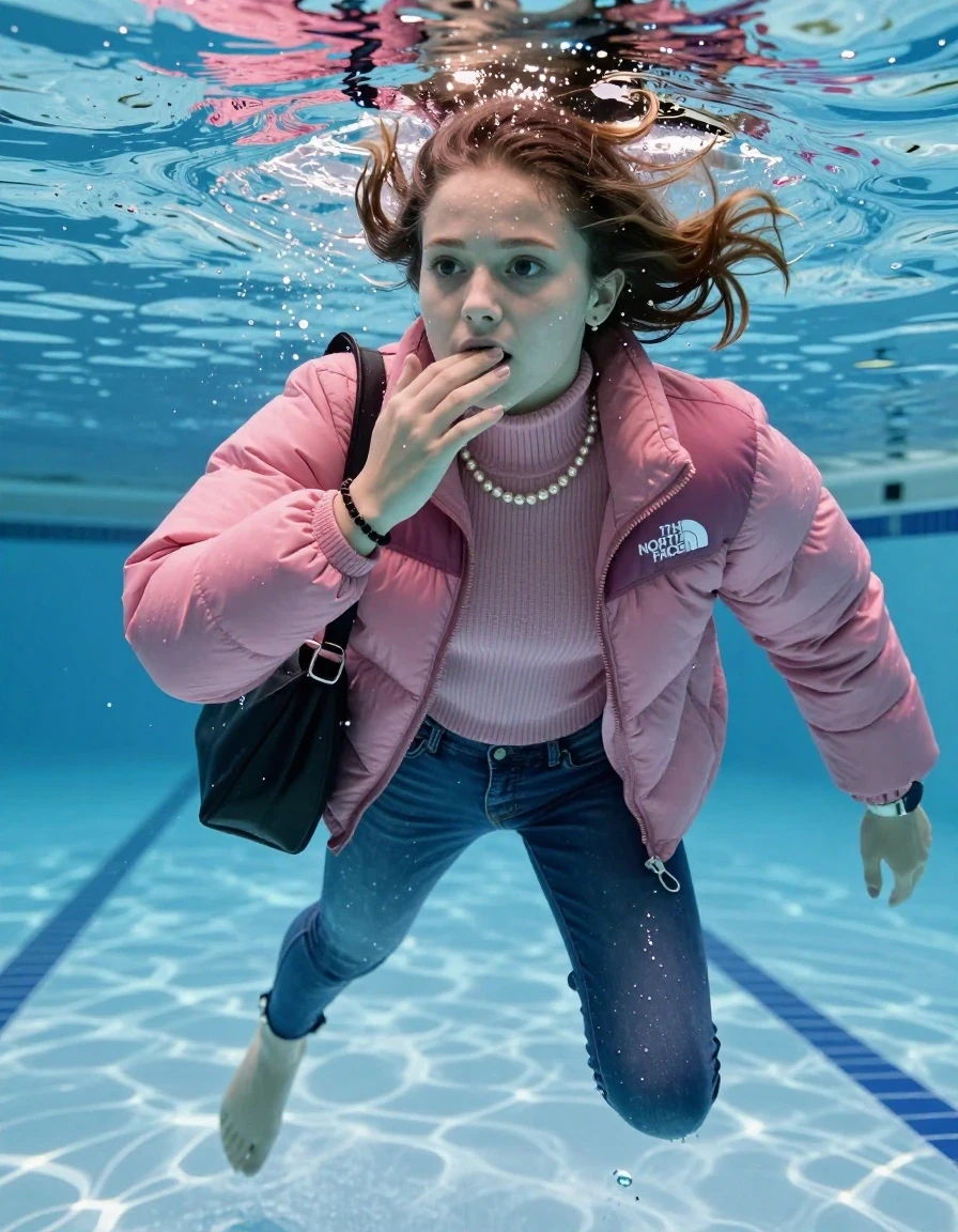 photo of young woman, in soaking wet, drenched clothes,
Boots, Completely soaked tight skinny jeans,  North face pink puffer down jacket, tight knit turtleneck sweater, shoulderbag, pearl necklace, bracelet, wristwatch , Swimming half submerged underwater in swimming pool , 
enjoying, wet clothes stuck to body,
detailed textures of the wet clothes, wet face, wet plastered hair,
wet, drenched, professional, high-quality details, full body view.
sharp focus, ultra-high pixel detail, realistic, high-quality, full colors, incredibly detailed, 4k, 8k, 16k, hyper-realistic, RAW photo, masterpiece, ultra-detailed, professionally color graded, professional photograph, Sleek ponytail 

15 years old  teenage girl

Hold her hand on her mouth. Looking slightly away. 

she is completely underwater up to her neck, afraid and astonished expression. 

Swimming movements with Arms and legs. Breast swimming.

her submerged clothes are hardly vusible under water, she soaked her handbag into the water

close up view, wet skin, wet clothes, wet hair, damp fabric, water runs down the clothes, wet skin, wet clothes, damp fabric, wet skin, wet clothes, damp fabric, wet skin, wet clothes, damp fabric, wet skin, wet clothes, damp fabric, wet skin, wet clothes, damp fabric, wet skin, wet clothes, damp fabric, wet skin, wet clothes, damp fabric, wet skin, wet clothes, damp fabric, wet skin, wet clothes, damp fabric, wet skin, wet clothes, damp fabric, wet skin, wet clothes, damp fabric, wet skin, wet clothes, damp fabric, wet skin, wet clothes, damp fabric, wet skin, wet clothes, damp fabric, wet skin, wet clothes, damp fabric, wet skin, wet clothes, damp fabric, wet skin, wet clothes, damp fabric, wet skin, wet clothes, damp fabric, wet skin, wet clothes, damp fabric, wet skin, wet clothes, damp fabric