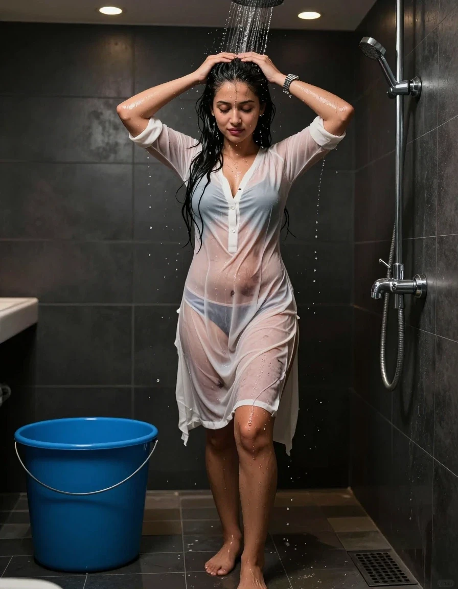A photorealistic, highly detailed image of a young adult European woman with long black hair standing in a dark bathroom. She is pouring water over her head, with water droplets visible on her face, arms, and clothes. She is wearing an open kurti and panty, the fabric appearing slightly wet, clinging to her skin, and showing darker soaked patches. She is barefoot, wearing a metal strap divers watch on her wrist. To her left, a large blue metal bucket sits on the wet tiled floor. A metal shower pipe and faucet are mounted on the right wall. The scene is illuminated solely by ceiling-recessed warm spot lights, creating a high-contrast atmosphere with wet skin, wet hair, and a visible water sheen on all surfaces. Professional photography style, sharp focus, cinematic lighting, realistic textures, damp fabric, water splashes.