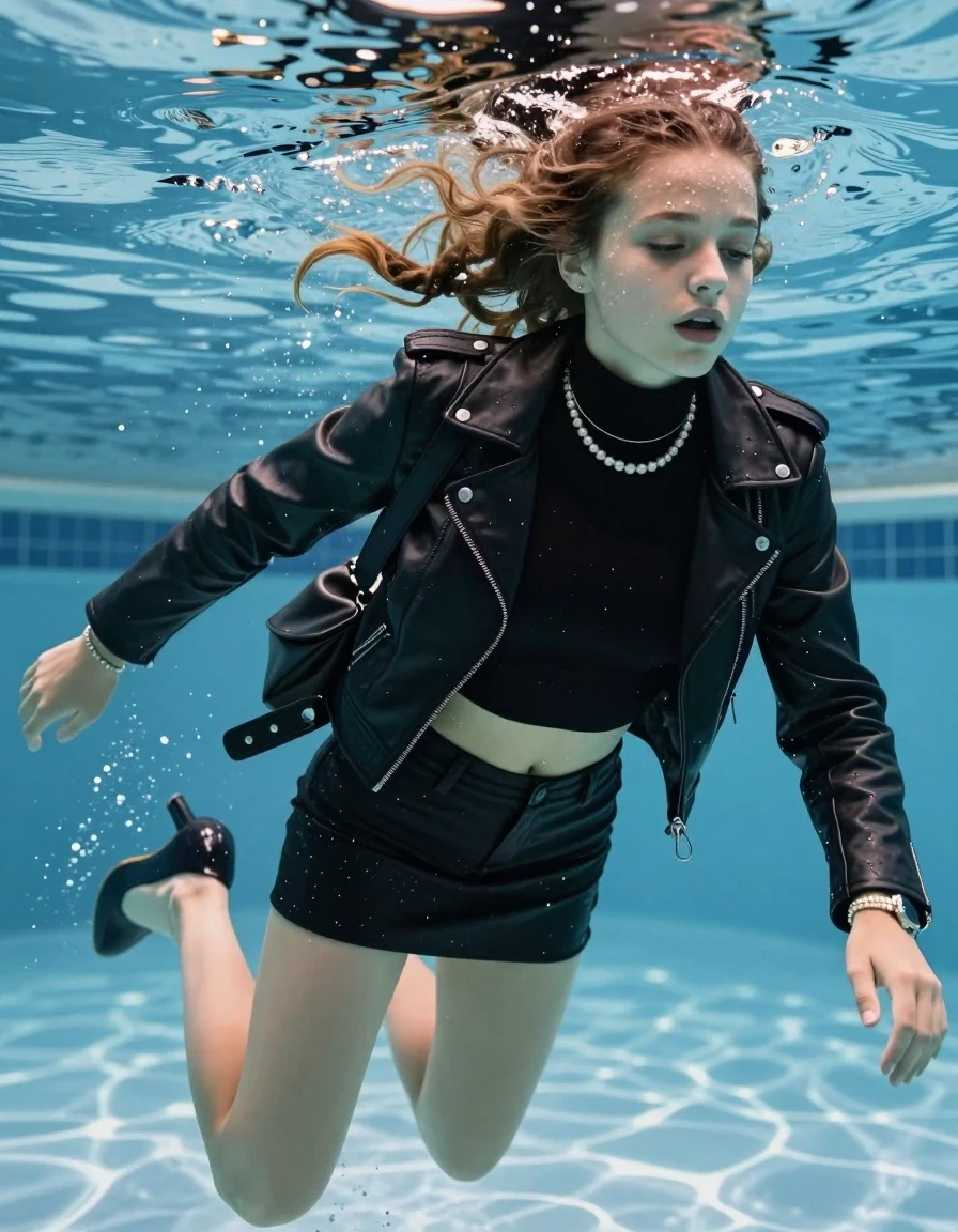 photo of young woman, in soaking wet, drenched clothes,
High Heels, mini skirt, Black biker leatherjacket, tight knit turtleneck sweater belly free, shoulderbag, pearl necklace, bracelet, wristwatch , Swimming half submerged underwater in swimming pool , 
enjoying, wet clothes stuck to body,
detailed textures of the wet clothes, wet face, wet plastered hair,
wet, drenched, professional, high-quality details, full body view.
sharp focus, ultra-high pixel detail, realistic, high-quality, full colors, incredibly detailed, 4k, 8k, 16k, hyper-realistic, RAW photo, masterpiece, ultra-detailed, professionally color graded, professional photograph, Two sleek long braids

15 years old  teenage girl. Looking slightly away. Open mouth, closed eyes.

she is completely underwater up to her neck, afraid and astonished expression. 

Swimming movements with Arms and legs. Breast swimming.

her submerged clothes are hardly vusible under water, she soaked her handbag into the water

close up view, wet skin, wet clothes, wet hair, damp fabric, water runs down the clothes, wet skin, wet clothes, damp fabric, wet skin, wet clothes, damp fabric, wet skin, wet clothes, damp fabric, wet skin, wet clothes, damp fabric, wet skin, wet clothes, damp fabric, wet skin, wet clothes, damp fabric, wet skin, wet clothes, damp fabric, wet skin, wet clothes, damp fabric, wet skin, wet clothes, damp fabric, wet skin, wet clothes, damp fabric, wet skin, wet clothes, damp fabric, wet skin, wet clothes, damp fabric, wet skin, wet clothes, damp fabric, wet skin, wet clothes, damp fabric, wet skin, wet clothes, damp fabric, wet skin, wet clothes, damp fabric, wet skin, wet clothes, damp fabric, wet skin, wet clothes, damp fabric, wet skin, wet clothes, damp fabric, wet skin, wet clothes, damp fabric, wet skin, wet clothes, damp fabric