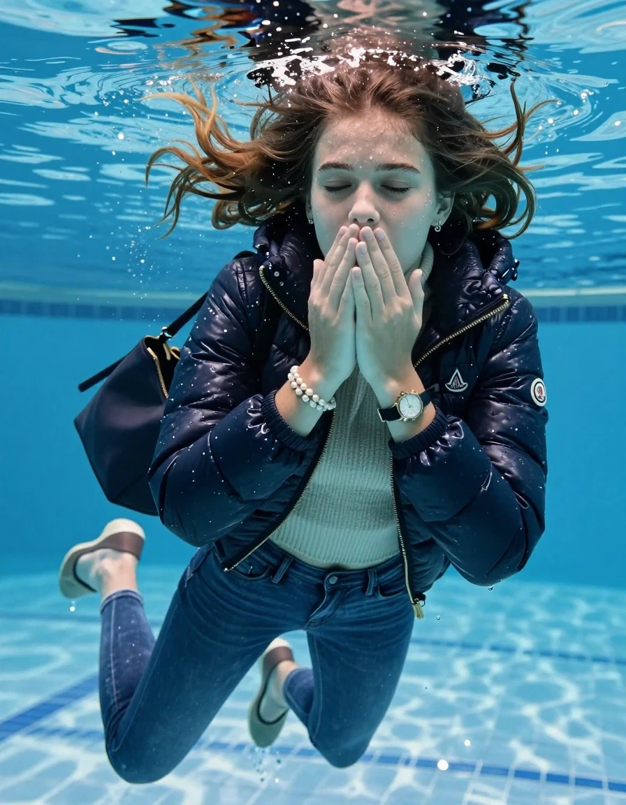 photo of young woman, in soaking wet, drenched clothes,
Heels, Completely soaked tight skinny jeans, Moncler shiny puffer down jacket, tight knit turtleneck sweater, shoulderbag, pearl necklace, bracelet, wristwatch , Swimming underwater in swimming pool , 
enjoying, wet clothes stuck to body,
detailed textures of the wet clothes, wet face, wet plastered hair,
wet, drenched, professional, high-quality details, full body view.
sharp focus, ultra-high pixel detail, realistic, high-quality, full colors, incredibly detailed, 4k, 8k, 16k, hyper-realistic, RAW photo, masterpiece, ultra-detailed, professionally color graded, professional photograph, Sleek long straight hair

15 years old  teenage girl

Looking slightly away. Hold her hands over mouth, closed eyes, closed mouth.

she is completely underwater up to her neck, afraid and astonished expression. 

her submerged clothes are hardly vusible under water, she soaked her handbag into the water

close up view, wet skin, wet clothes, wet hair, damp fabric, water runs down the clothes, wet skin, wet clothes, damp fabric, wet skin, wet clothes, damp fabric, wet skin, wet clothes, damp fabric, wet skin, wet clothes, damp fabric, wet skin, wet clothes, damp fabric, wet skin, wet clothes, damp fabric, wet skin, wet clothes, damp fabric, wet skin, wet clothes, damp fabric, wet skin, wet clothes, damp fabric, wet skin, wet clothes, damp fabric, wet skin, wet clothes, damp fabric, wet skin, wet clothes, damp fabric, wet skin, wet clothes, damp fabric, wet skin, wet clothes, damp fabric, wet skin, wet clothes, damp fabric, wet skin, wet clothes, damp fabric, wet skin, wet clothes, damp fabric, wet skin, wet clothes, damp fabric, wet skin, wet clothes, damp fabric