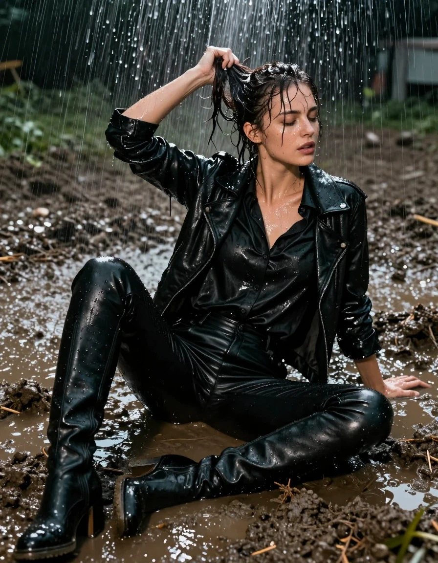 photo of young woman, in soaking wet, drenched clothes,
Knee length black leather boots , Black leather long pants , Oversize black silk button shirt, and black leather jacket , Lying in a mud pit, heavy rain, night, drenched, covered in mud , 
enjoying, wet clothes stuck to body,
detailed textures of the wet clothes, wet face, wet plastered hair,
wet, drenched, professional, high-quality details, full body view.
sharp focus, ultra-high pixel detail, realistic, high-quality, full colors, incredibly detailed, 4k, 8k, 16k, hyper-realistic, RAW photo, masterpiece, ultra-detailed, professionally color graded, professional photograph, subject wringing out a wet ponytail while standing under a spraying overhead sprinkler, water droplets visible in mid-air, realistic street photography, sharp focus on fabric texture, high-angle wide shot, cinematic lighting, photorealistic lifestyle photography, rich natural color, balanced bright exposure, moderate contrast, softly lifted shadows, wet skin, wet clothes, damp fabric