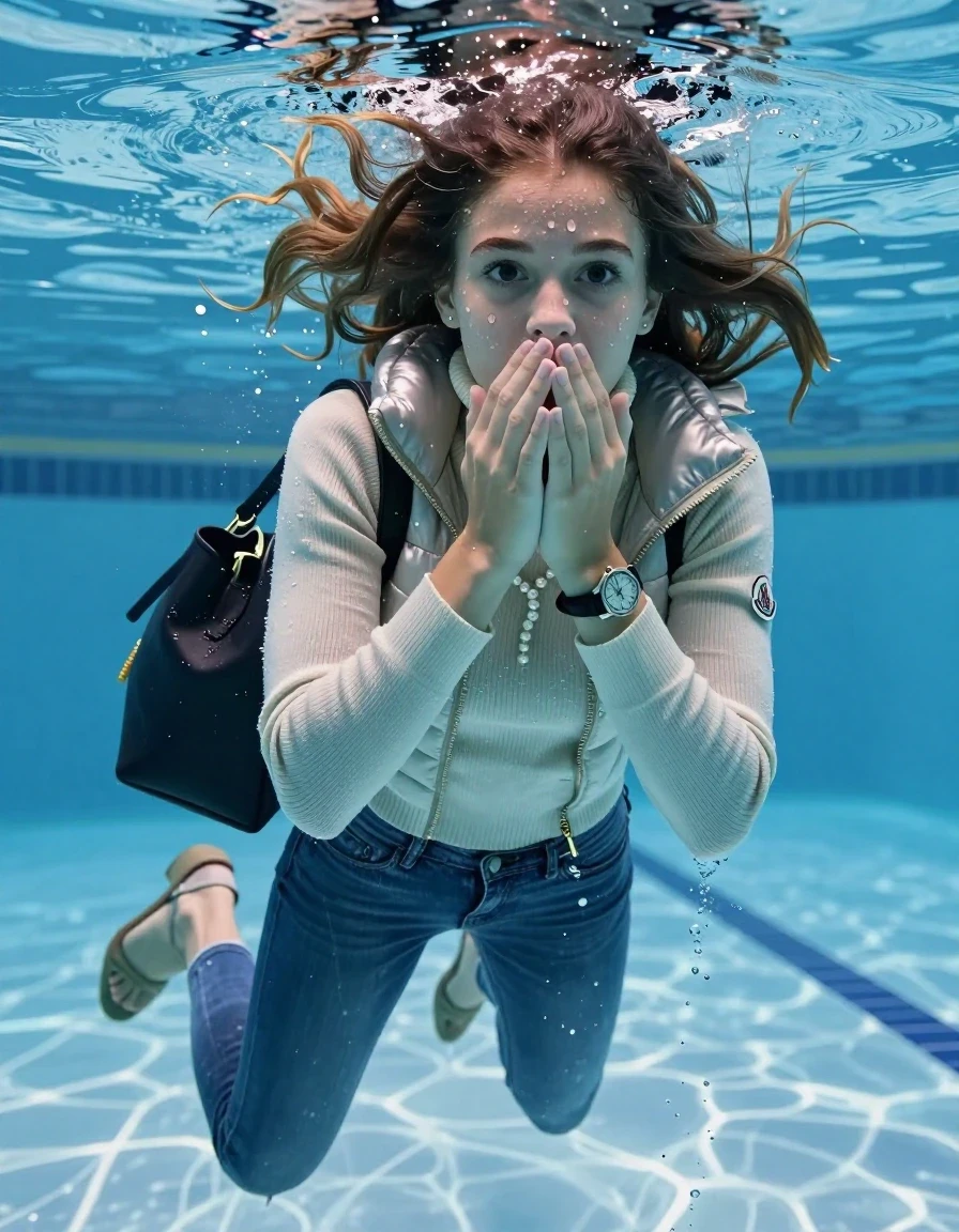 photo of young woman, in soaking wet, drenched clothes,
Heels, Completely soaked tight skinny jeans, Moncler shiny puffer down jacket, tight knit turtleneck sweater, shoulderbag, pearl necklace, bracelet, wristwatch , Swimming underwater in swimming pool , 
enjoying, wet clothes stuck to body,
detailed textures of the wet clothes, wet face, wet plastered hair,
wet, drenched, professional, high-quality details, full body view.
sharp focus, ultra-high pixel detail, realistic, high-quality, full colors, incredibly detailed, 4k, 8k, 16k, hyper-realistic, RAW photo, masterpiece, ultra-detailed, professionally color graded, professional photograph, Sleek long straight hair

15 years old  teenage girl

Looking slightly away. Hold her hands over mouth, closed mouth.

she is completely underwater up to her neck, afraid and astonished expression. 

her submerged clothes are hardly vusible under water, she soaked her handbag into the water

close up view, wet skin, wet clothes, wet hair, damp fabric, water runs down the clothes, wet skin, wet clothes, damp fabric, wet skin, wet clothes, damp fabric, wet skin, wet clothes, damp fabric, wet skin, wet clothes, damp fabric, wet skin, wet clothes, damp fabric, wet skin, wet clothes, damp fabric, wet skin, wet clothes, damp fabric, wet skin, wet clothes, damp fabric, wet skin, wet clothes, damp fabric, wet skin, wet clothes, damp fabric, wet skin, wet clothes, damp fabric, wet skin, wet clothes, damp fabric, wet skin, wet clothes, damp fabric, wet skin, wet clothes, damp fabric, wet skin, wet clothes, damp fabric, wet skin, wet clothes, damp fabric, wet skin, wet clothes, damp fabric, wet skin, wet clothes, damp fabric, wet skin, wet clothes, damp fabric