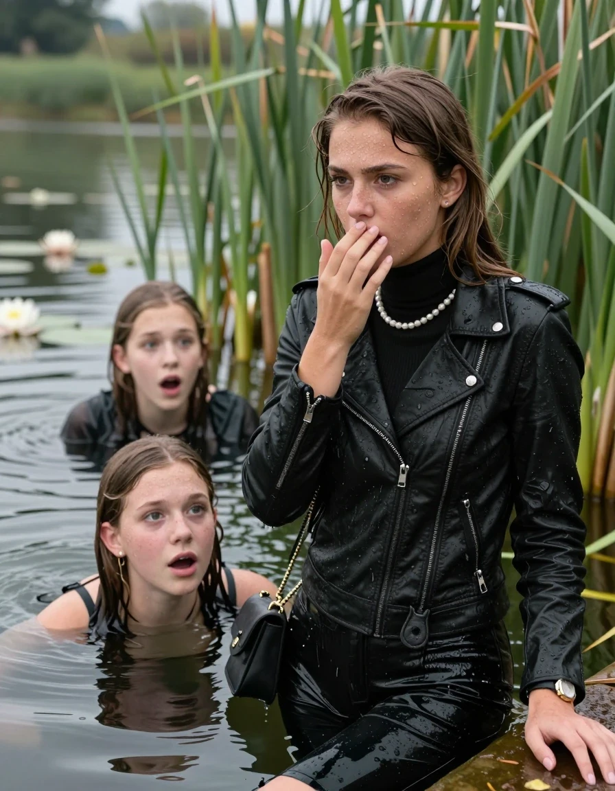 photo of young woman, in soaking wet, drenched clothes,
, , Black biker leatherjacket, tight turtleneck sweater with wide neckline belly free, handbag, pearl necklace, bracelet, wristwatch , Two 15-years-old teenage girls Emerging after diving in a lake with water lilies and reeds, 
enjoying, wet clothes stuck to body,
detailed textures of the wet clothes, wet face, wet plastered hair,
wet, drenched, professional, high-quality details, full body view.
sharp focus, ultra-high pixel detail, realistic, high-quality, full colors, incredibly detailed, 4k, 8k, 16k, hyper-realistic, RAW photo, masterpiece, ultra-detailed, professionally color graded, professional photograph, Sleek long straight hair

15 years old  teenage girl

Leaning her  breast on the surface.  Looking slightly away. Hold her hand on her mouth. Open mouth, big eyes.

she is completely underwater up to her neck, afraid and astonished expression. 

The girls wear different clothes.

She hides in the reeds and is surprised by spectators

her submerged clothes are hardly vusible under water, she soaked her handbag into the water

close up view, wet skin, wet clothes, wet hair, damp fabric, water runs down the clothes, wet skin, wet clothes, damp fabric., wet skin, wet clothes, damp fabric, wet skin, wet clothes, damp fabric, wet skin, wet clothes, damp fabric