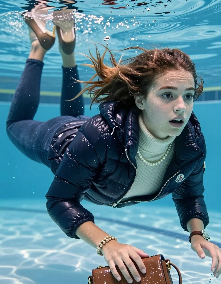 photo of young woman, in soaking wet, drenched clothes,
Heels, Completely soaked tight skinny jeans, Moncler shiny puffer down jacket, tight knit turtleneck sweater, handbag, pearl necklace, bracelet, wristwatch , Swimming underwater in swimming pool , 
enjoying, wet clothes stuck to body,
detailed textures of the wet clothes, wet face, wet plastered hair,
wet, drenched, professional, high-quality details, full body view.
sharp focus, ultra-high pixel detail, realistic, high-quality, full colors, incredibly detailed, 4k, 8k, 16k, hyper-realistic, RAW photo, masterpiece, ultra-detailed, professionally color graded, professional photograph, Sleek long straight hair

15 years old  teenage girl

Laying her breast on the surface.  Looking slightly away.

she is completely underwater up to her neck, afraid and astonished expression. 

her submerged clothes are hardly vusible under water, she soaked her handbag into the water

close up view, wet skin, wet clothes, wet hair, damp fabric, water runs down the clothes, wet skin, wet clothes, damp fabric, wet skin, wet clothes, damp fabric, wet skin, wet clothes, damp fabric, wet skin, wet clothes, damp fabric, wet skin, wet clothes, damp fabric, wet skin, wet clothes, damp fabric, wet skin, wet clothes, damp fabric, wet skin, wet clothes, damp fabric, wet skin, wet clothes, damp fabric, wet skin, wet clothes, damp fabric, wet skin, wet clothes, damp fabric, wet skin, wet clothes, damp fabric, wet skin, wet clothes, damp fabric, wet skin, wet clothes, damp fabric, wet skin, wet clothes, damp fabric, wet skin, wet clothes, damp fabric, wet skin, wet clothes, damp fabric, wet skin, wet clothes, damp fabric, wet skin, wet clothes, damp fabric