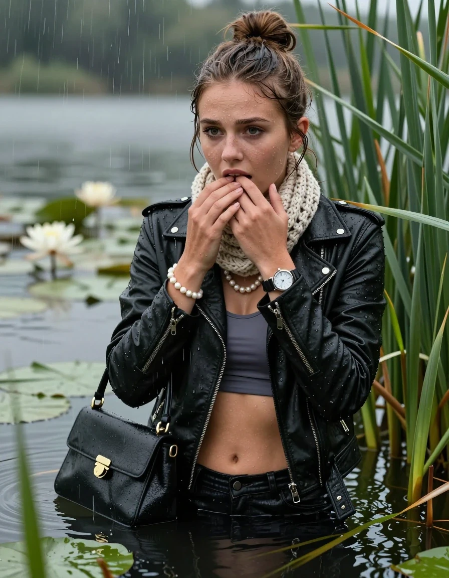 photo of young woman, in soaking wet, drenched clothes,
, , Black biker leatherjacket, tight sexy tshirt with wide neckline belly free, handbag, pearl necklace, bracelet, wristwatch , long knitted scarf, Emerging after diving in a lake with water lilies and reeds, rain , 
enjoying, wet clothes stuck to body,
detailed textures of the wet clothes, wet face, wet plastered hair,
wet, drenched, professional, high-quality details, full body view.
sharp focus, ultra-high pixel detail, realistic, high-quality, full colors, incredibly detailed, 4k, 8k, 16k, hyper-realistic, RAW photo, masterpiece, ultra-detailed, professionally color graded, professional photograph, Topknot

15 years old  teenage girl

Laying her breast on the surface.  Looking slightly away. Hold her hands on her mouth.

she is completely underwater up to her neck, afraid and astonished expression. 

She hides in the reeds and is surprised by spectators

her submerged clothes are hardly vusible under water, she soaked her handbag into the water

close up view, wet skin, wet clothes, wet hair, damp fabric, water runs down the clothes, wet skin, wet clothes, damp fabric., wet skin, wet clothes, damp fabric