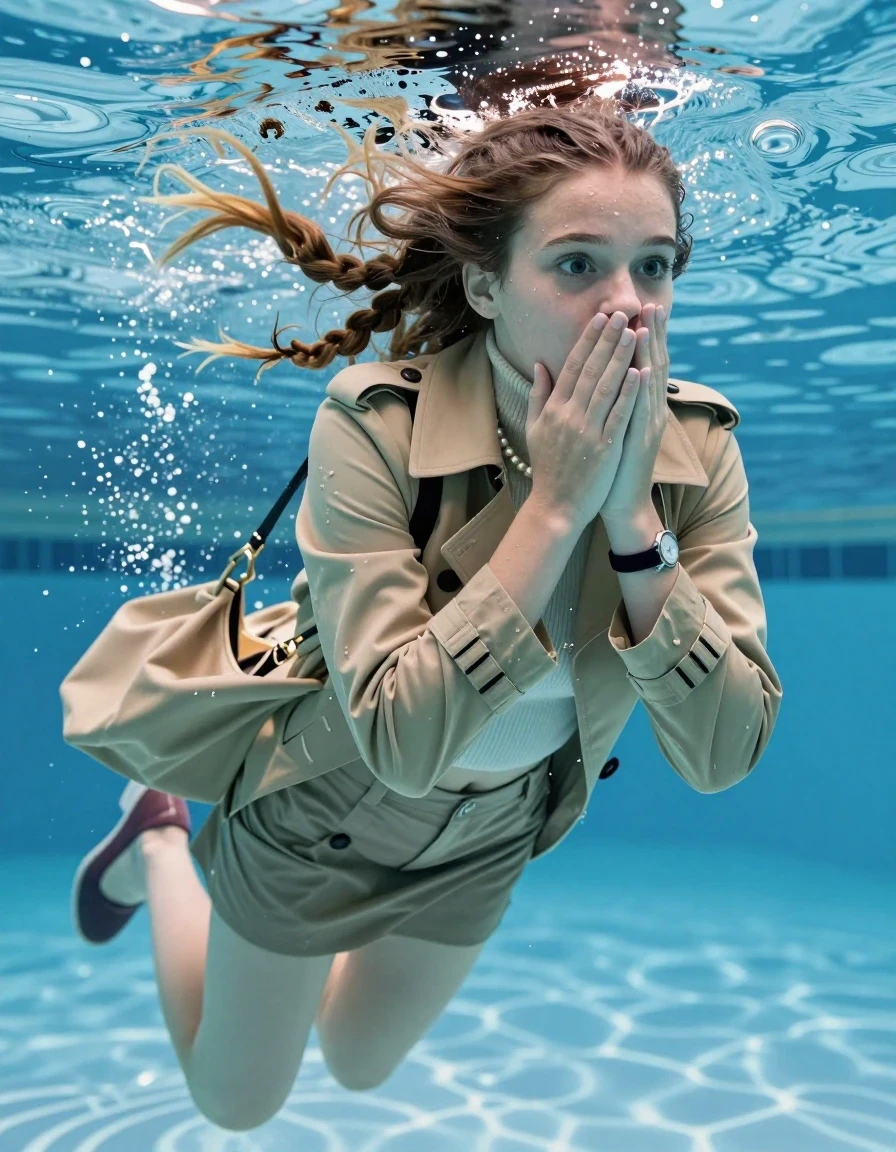 photo of young woman, in soaking wet, drenched clothes,
Heels, mini skirt, Beige Winter trenchcoat, tight knit turtleneck sweater belly free, shoulderbag, pearl necklace, bracelet, wristwatch , Swimming half submerged underwater in swimming pool , 
enjoying, wet clothes stuck to body,
detailed textures of the wet clothes, wet face, wet plastered hair,
wet, drenched, professional, high-quality details, full body view.
sharp focus, ultra-high pixel detail, realistic, high-quality, full colors, incredibly detailed, 4k, 8k, 16k, hyper-realistic, RAW photo, masterpiece, ultra-detailed, professionally color graded, professional photograph, Two sleek long braids

15 years old  teenage girl

Covers her nose with her hands. Looking slightly away. Open mouth, big eyes.

she is completely underwater up to her neck, afraid and astonished expression. 

Swimming movements with Arms and legs. Breast swimming.

her submerged clothes are hardly vusible under water, she soaked her handbag into the water

close up view, wet skin, wet clothes, wet hair, damp fabric, water runs down the clothes, wet skin, wet clothes, damp fabric, wet skin, wet clothes, damp fabric, wet skin, wet clothes, damp fabric, wet skin, wet clothes, damp fabric, wet skin, wet clothes, damp fabric, wet skin, wet clothes, damp fabric, wet skin, wet clothes, damp fabric, wet skin, wet clothes, damp fabric, wet skin, wet clothes, damp fabric, wet skin, wet clothes, damp fabric, wet skin, wet clothes, damp fabric, wet skin, wet clothes, damp fabric, wet skin, wet clothes, damp fabric, wet skin, wet clothes, damp fabric, wet skin, wet clothes, damp fabric, wet skin, wet clothes, damp fabric, wet skin, wet clothes, damp fabric, wet skin, wet clothes, damp fabric, wet skin, wet clothes, damp fabric, wet skin, wet clothes, damp fabric, wet skin, wet clothes, damp fabric, wet skin, wet clothes, damp fabric