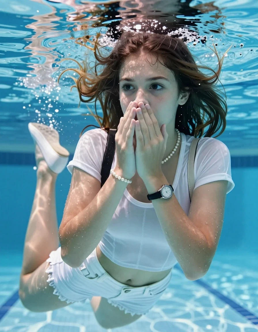 photo of young woman, in soaking wet, drenched clothes,
Heels, White mini , Denim jacket, tight sexy tshirt with wide neckline belly free, shoulderbag, pearl necklace, bracelet, wristwatch , Swimming underwater in swimming pool, only head is visible over surface, 
enjoying, wet clothes stuck to body,
detailed textures of the wet clothes, wet face, wet plastered hair,
wet, drenched, professional, high-quality details, full body view.
sharp focus, ultra-high pixel detail, realistic, high-quality, full colors, incredibly detailed, 4k, 8k, 16k, hyper-realistic, RAW photo, masterpiece, ultra-detailed, professionally color graded, professional photograph, sleek long straight hair 

15 years old  teenage girl

Covers her nose with her hands. Looking slightly away. Open mouth, big eyes.

she is completely underwater up to her neck, afraid and astonished expression. 

Swimming movements with Arms and legs. Breast swimming.

her submerged clothes are hardly vusible under water, she soaked her handbag into the water

close up view, wet skin, wet clothes, wet hair, damp fabric, water runs down the clothes, wet skin, wet clothes, damp fabric, wet skin, wet clothes, damp fabric, wet skin, wet clothes, damp fabric, wet skin, wet clothes, damp fabric, wet skin, wet clothes, damp fabric, wet skin, wet clothes, damp fabric, wet skin, wet clothes, damp fabric, wet skin, wet clothes, damp fabric, wet skin, wet clothes, damp fabric, wet skin, wet clothes, damp fabric, wet skin, wet clothes, damp fabric, wet skin, wet clothes, damp fabric, wet skin, wet clothes, damp fabric, wet skin, wet clothes, damp fabric, wet skin, wet clothes, damp fabric, wet skin, wet clothes, damp fabric, wet skin, wet clothes, damp fabric, wet skin, wet clothes, damp fabric, wet skin, wet clothes, damp fabric, wet skin, wet clothes, damp fabric, wet skin, wet clothes, damp fabric, wet skin, wet clothes, damp fabric, wet skin, wet clothes, damp fabric, wet skin, wet clothes, damp fabric