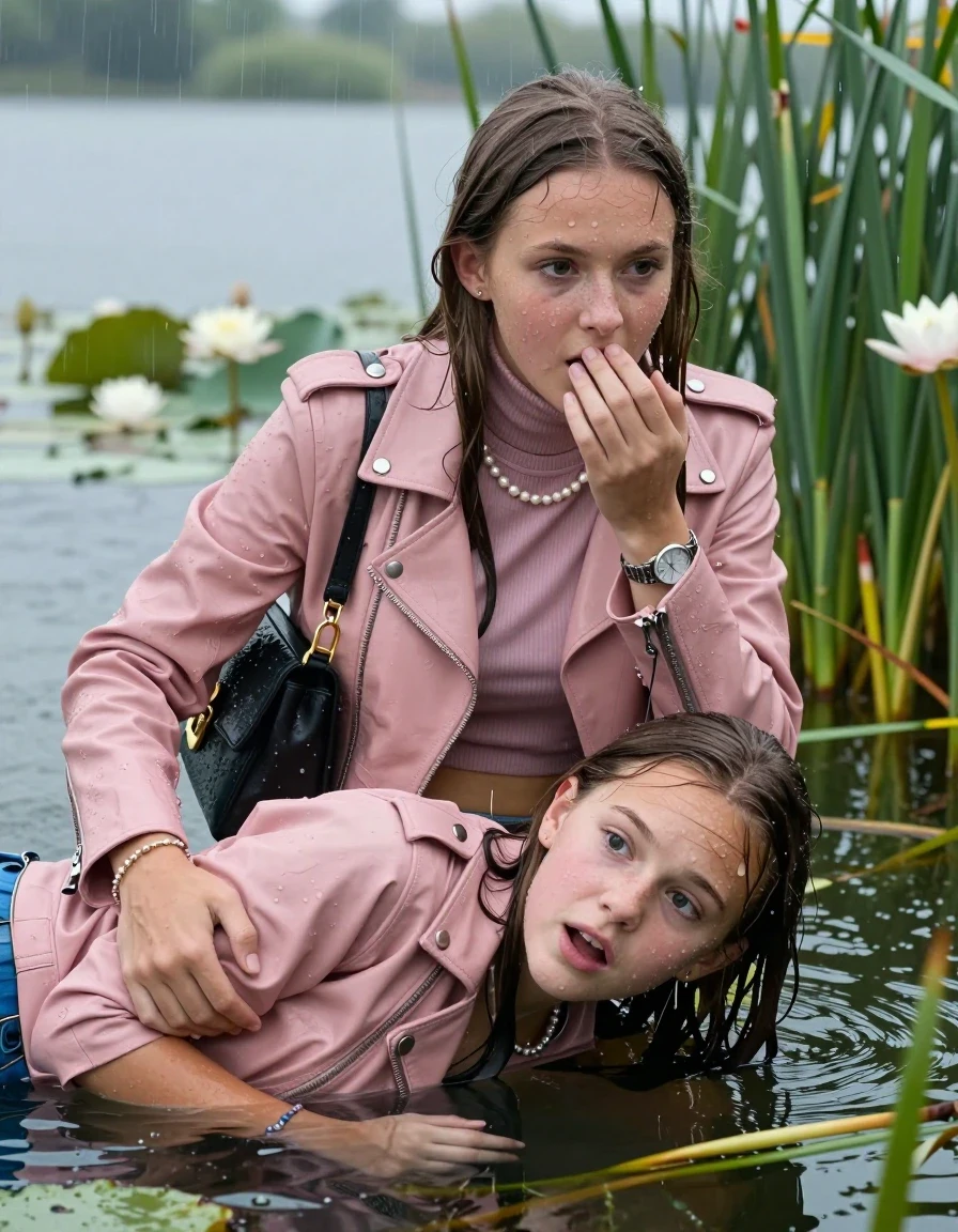 photo of young woman, in soaking wet, drenched clothes,
, , Light pink biker leatherjacket, tight turtleneck sweater with wide neckline belly free, handbag, pearl necklace, bracelet, wristwatch , Two 15-years-old teenage girls Emerging after diving in a lake with water lilies and reeds, rain , 
enjoying, wet clothes stuck to body,
detailed textures of the wet clothes, wet face, wet plastered hair,
wet, drenched, professional, high-quality details, full body view.
sharp focus, ultra-high pixel detail, realistic, high-quality, full colors, incredibly detailed, 4k, 8k, 16k, hyper-realistic, RAW photo, masterpiece, ultra-detailed, professionally color graded, professional photograph, Sleek long straight hair

15 years old  teenage girl

Laying her breast on the surface.  Looking slightly away. Hold her hand on her mouth. Open mouth, big eyes.

she is completely underwater up to her neck, afraid and astonished expression. 

The girls wear different clothes.

She hides in the reeds.

her submerged clothes are hardly vusible under water, she soaked her handbag into the water

close up view, wet skin, wet clothes, wet hair, damp fabric, water runs down the clothes, wet skin, wet clothes, damp fabric., wet skin, wet clothes, damp fabric, wet skin, wet clothes, damp fabric, wet skin, wet clothes, damp fabric