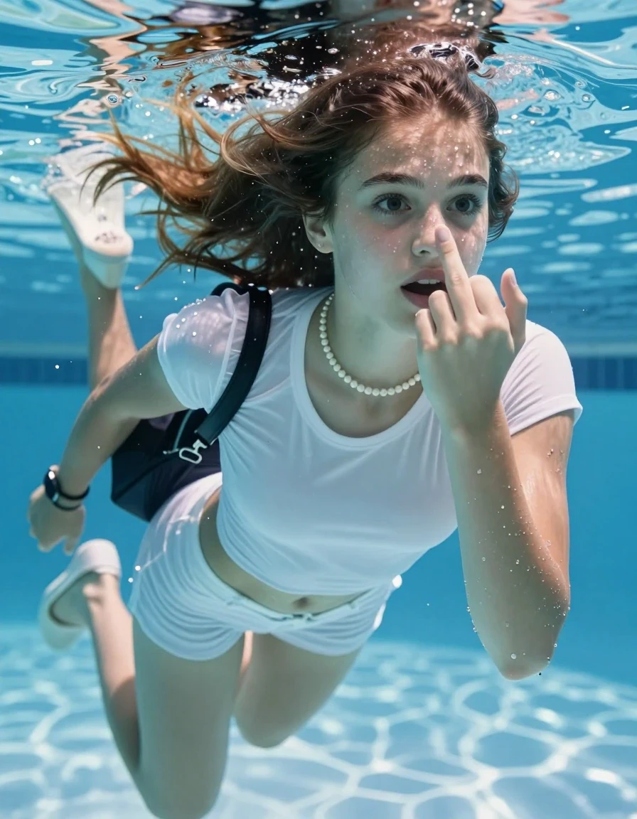 photo of young woman, in soaking wet, drenched clothes,
Heels, White mini , tight sexy tshirt with wide neckline belly free, shoulderbag, pearl necklace, bracelet, wristwatch , Swimming underwater in swimming pool, only head is visible over surface, 
enjoying, wet clothes stuck to body,
detailed textures of the wet clothes, wet face, wet plastered hair,
wet, drenched, professional, high-quality details, full body view.
sharp focus, ultra-high pixel detail, realistic, high-quality, full colors, incredibly detailed, 4k, 8k, 16k, hyper-realistic, RAW photo, masterpiece, ultra-detailed, professionally color graded, professional photograph, sleek long straight hair  

15 years old  teenage girl

Covers her nose with one hand. Shows the middle finger with one hand. Looking slightly away. Open mouth, big eyes.

she is completely underwater up to her neck, afraid and astonished expression. 

Swimming movements with Arms and legs. Breast swimming.

her submerged clothes are hardly vusible under water, she soaked her handbag into the water

close up view, wet skin, wet clothes, wet hair, damp fabric, water runs down the clothes, wet skin, wet clothes, damp fabric, wet skin, wet clothes, damp fabric, wet skin, wet clothes, damp fabric, wet skin, wet clothes, damp fabric, wet skin, wet clothes, damp fabric, wet skin, wet clothes, damp fabric, wet skin, wet clothes, damp fabric, wet skin, wet clothes, damp fabric, wet skin, wet clothes, damp fabric, wet skin, wet clothes, damp fabric, wet skin, wet clothes, damp fabric, wet skin, wet clothes, damp fabric, wet skin, wet clothes, damp fabric, wet skin, wet clothes, damp fabric, wet skin, wet clothes, damp fabric, wet skin, wet clothes, damp fabric, wet skin, wet clothes, damp fabric, wet skin, wet clothes, damp fabric, wet skin, wet clothes, damp fabric, wet skin, wet clothes, damp fabric, wet skin, wet clothes, damp fabric, wet skin, wet clothes, damp fabric, wet skin, wet clothes, damp fabric, wet skin, wet clothes, damp fabric