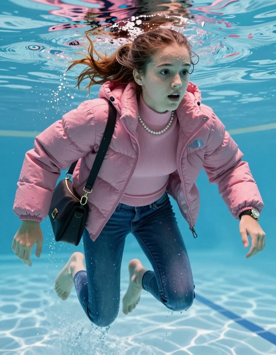 photo of young woman, in soaking wet, drenched clothes,
Boots, Completely soaked tight skinny jeans,  North face pink puffer down jacket, tight knit turtleneck sweater, shoulderbag, pearl necklace, bracelet, wristwatch , Swimming half underwater in swimming pool , 
enjoying, wet clothes stuck to body,
detailed textures of the wet clothes, wet face, wet plastered hair,
wet, drenched, professional, high-quality details, full body view.
sharp focus, ultra-high pixel detail, realistic, high-quality, full colors, incredibly detailed, 4k, 8k, 16k, hyper-realistic, RAW photo, masterpiece, ultra-detailed, professionally color graded, professional photograph, Sleek ponytail 

15 years old  teenage girl

Looking slightly away. 

she is completely underwater up to her neck, afraid and astonished expression. 

Swimming movements with Arms and legs. Breast swimming.

her submerged clothes are hardly vusible under water, she soaked her handbag into the water

close up view, wet skin, wet clothes, wet hair, damp fabric, water runs down the clothes, wet skin, wet clothes, damp fabric, wet skin, wet clothes, damp fabric, wet skin, wet clothes, damp fabric, wet skin, wet clothes, damp fabric, wet skin, wet clothes, damp fabric, wet skin, wet clothes, damp fabric, wet skin, wet clothes, damp fabric, wet skin, wet clothes, damp fabric, wet skin, wet clothes, damp fabric, wet skin, wet clothes, damp fabric, wet skin, wet clothes, damp fabric, wet skin, wet clothes, damp fabric, wet skin, wet clothes, damp fabric, wet skin, wet clothes, damp fabric, wet skin, wet clothes, damp fabric, wet skin, wet clothes, damp fabric, wet skin, wet clothes, damp fabric, wet skin, wet clothes, damp fabric, wet skin, wet clothes, damp fabric, wet skin, wet clothes, damp fabric