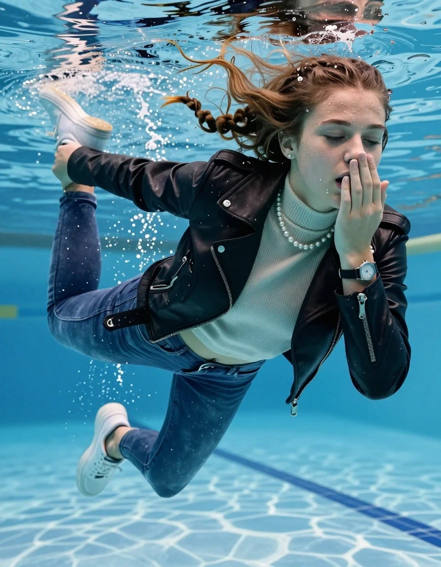 photo of young woman, in soaking wet, drenched clothes,
White sneakers , Completely soaked tight skinny jeans, Black biker leatherjacket, tight knit turtleneck sweater, shoulderbag, pearl necklace, bracelet, wristwatch , Swimming half submerged underwater in swimming pool , 
enjoying, wet clothes stuck to body,
detailed textures of the wet clothes, wet face, wet plastered hair,
wet, drenched, professional, high-quality details, full body view.
sharp focus, ultra-high pixel detail, realistic, high-quality, full colors, incredibly detailed, 4k, 8k, 16k, hyper-realistic, RAW photo, masterpiece, ultra-detailed, professionally color graded, professional photograph, Two sleek long braids

15 years old  teenage girl

Covers her nose with her fingers. Looking slightly away. Open mouth, closed eyes.

she is completely underwater up to her neck, afraid and astonished expression. 

Swimming movements with Arms and legs. Breast swimming.

her submerged clothes are hardly vusible under water, she soaked her handbag into the water

close up view, wet skin, wet clothes, wet hair, damp fabric, water runs down the clothes, wet skin, wet clothes, damp fabric, wet skin, wet clothes, damp fabric, wet skin, wet clothes, damp fabric, wet skin, wet clothes, damp fabric, wet skin, wet clothes, damp fabric, wet skin, wet clothes, damp fabric, wet skin, wet clothes, damp fabric, wet skin, wet clothes, damp fabric, wet skin, wet clothes, damp fabric, wet skin, wet clothes, damp fabric, wet skin, wet clothes, damp fabric, wet skin, wet clothes, damp fabric, wet skin, wet clothes, damp fabric, wet skin, wet clothes, damp fabric, wet skin, wet clothes, damp fabric, wet skin, wet clothes, damp fabric, wet skin, wet clothes, damp fabric, wet skin, wet clothes, damp fabric, wet skin, wet clothes, damp fabric, wet skin, wet clothes, damp fabric