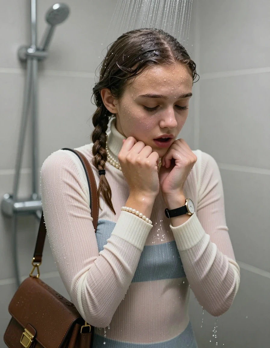 photo of young woman, in soaking wet, drenched clothes,
, ,  tight striped knit turtleneck sweater belly free, handbag, pearl necklace, bracelet, wristwatch, Under the shower, strong jet of water, modern mirrored bathroom, 
enjoying, wet clothes stuck to body,
detailed textures of the wet clothes, wet face, wet plastered hair,
wet, drenched, professional, high-quality details, full body view.
sharp focus, ultra-high pixel detail, realistic, high-quality, full colors, incredibly detailed, 4k, 8k, 16k, hyper-realistic, RAW photo, masterpiece, ultra-detailed, professionally color graded, professional photograph, Two pigtails

15 years old  teenage girl

Only head and shoulders are over the surface visible. Open mouth, closed eyes. Looking down. Hold her hands on her chin.

she is completely underwater up to her neck, afraid and astonished expression. 

her submerged clothes are hardly vusible under water, she soaked her handbag into the water

close up view, wet skin, wet clothes, wet hair, damp fabric, water runs down the clothes, wet skin, wet clothes, damp fabric., wet skin, wet clothes, damp fabric, wet skin, wet clothes, damp fabric, wet skin, wet clothes, damp fabric