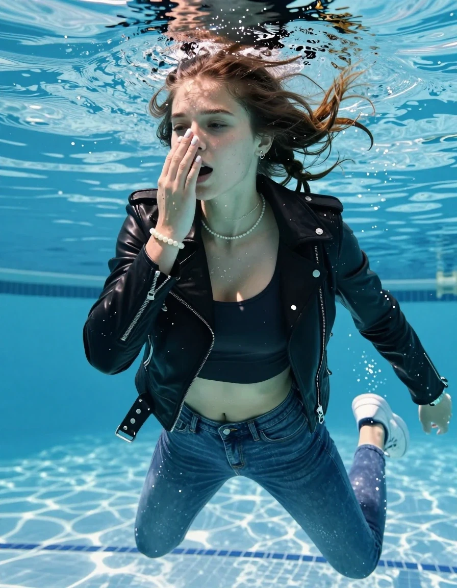 photo of young woman, in soaking wet, drenched clothes,
White sneakers , Completely soaked tight skinny jeans, Black biker leatherjacket, tight sexy tshirt with wide neckline belly free, shoulderbag, pearl necklace, bracelet, wristwatch , Swimming half submerged underwater in swimming pool , 
enjoying, wet clothes stuck to body,
detailed textures of the wet clothes, wet face, wet plastered hair,
wet, drenched, professional, high-quality details, full body view.
sharp focus, ultra-high pixel detail, realistic, high-quality, full colors, incredibly detailed, 4k, 8k, 16k, hyper-realistic, RAW photo, masterpiece, ultra-detailed, professionally color graded, professional photograph, Two sleek long braids

15 years old  teenage girl

Covers her nose with her fingers. Looking slightly away. Open mouth, closed eyes.

she is completely underwater up to her neck, afraid and astonished expression. 

Swimming movements with Arms and legs. Breast swimming.

her submerged clothes are hardly vusible under water, she soaked her handbag into the water

close up view, wet skin, wet clothes, wet hair, damp fabric, water runs down the clothes, wet skin, wet clothes, damp fabric, wet skin, wet clothes, damp fabric, wet skin, wet clothes, damp fabric, wet skin, wet clothes, damp fabric, wet skin, wet clothes, damp fabric, wet skin, wet clothes, damp fabric, wet skin, wet clothes, damp fabric, wet skin, wet clothes, damp fabric, wet skin, wet clothes, damp fabric, wet skin, wet clothes, damp fabric, wet skin, wet clothes, damp fabric, wet skin, wet clothes, damp fabric, wet skin, wet clothes, damp fabric, wet skin, wet clothes, damp fabric, wet skin, wet clothes, damp fabric, wet skin, wet clothes, damp fabric, wet skin, wet clothes, damp fabric, wet skin, wet clothes, damp fabric, wet skin, wet clothes, damp fabric, wet skin, wet clothes, damp fabric