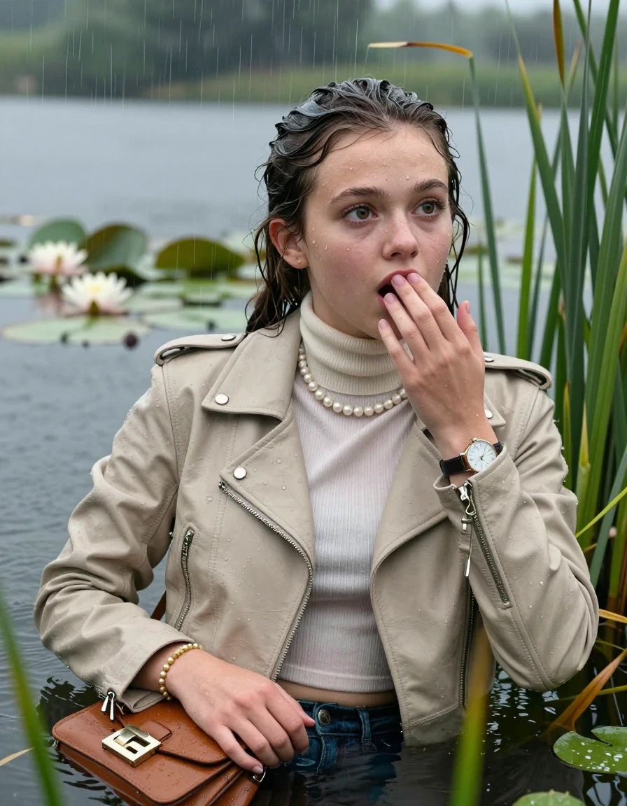 photo of young woman, in soaking wet, drenched clothes,
, , Beige biker leatherjacket, tight turtleneck sweater with wide neckline belly free, handbag, pearl necklace, bracelet, wristwatch , Emerging after diving in a lake with water lilies and reeds, rain , 
enjoying, wet clothes stuck to body,
detailed textures of the wet clothes, wet face, wet plastered hair,
wet, drenched, professional, high-quality details, full body view.
sharp focus, ultra-high pixel detail, realistic, high-quality, full colors, incredibly detailed, 4k, 8k, 16k, hyper-realistic, RAW photo, masterpiece, ultra-detailed, professionally color graded, professional photograph, Pigtails

15 years old  teenage girl

Laying her breast on the surface.  Looking slightly away. Hold her hand on her mouth. Open mouth, big eyes.

she is completely underwater up to her neck, afraid and astonished expression. 

She hides in the reeds and is surprised by spectators

her submerged clothes are hardly vusible under water, she soaked her handbag into the water

close up view, wet skin, wet clothes, wet hair, damp fabric, water runs down the clothes, wet skin, wet clothes, damp fabric., wet skin, wet clothes, damp fabric, wet skin, wet clothes, damp fabric