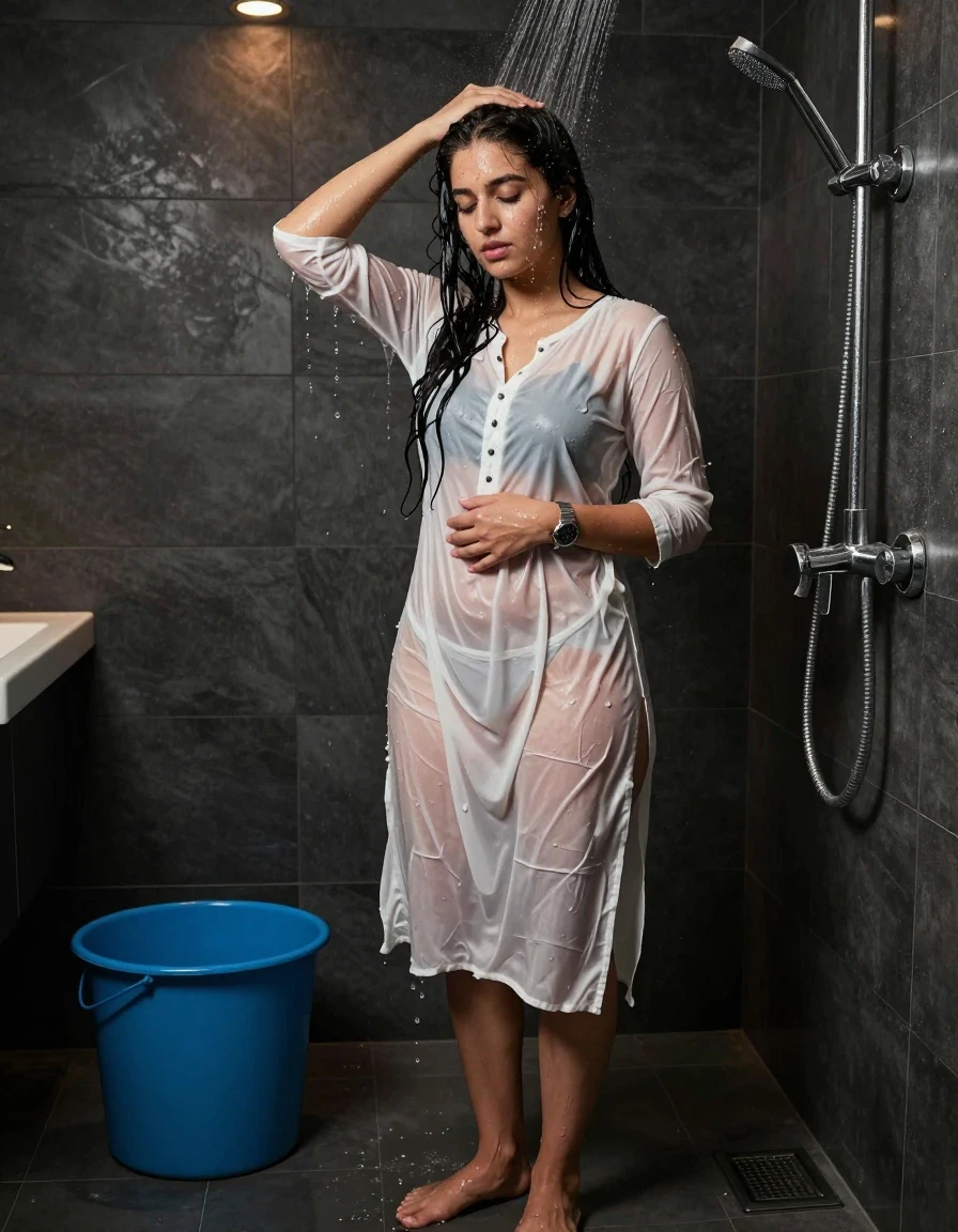 photo of young woman, in soaking wet, drenched clothes,
., , Cotton kurti, Dark bathroom, 
enjoying, wet clothes stuck to body,
detailed textures of the wet clothes, wet face, wet plastered hair,
wet, drenched, professional, high-quality details, full body view.
sharp focus, ultra-high pixel detail, realistic, high-quality, full colors, incredibly detailed, 4k, 8k, 16k, hyper-realistic, RAW photo, masterpiece, ultra-detailed, professionally color graded, professional photograph, A  woman with long black hair standing in bathroom, pouring water over her head . She is wearing a open kurti and panty , the fabric slightly wet and clinging. She's wearing a metal strap divers watch.Barefoot, with water droplets visible on her face, arms, and clothes. A large blue metal bucket sits on the wet tiled floor to her left. . The bathroom is lit with ceiling recessed warm spot lights as the only light source. A metal shower pipe and faucet are mounted on the right wall. Realistic photography style, high detail,, wet skin, wet clothes, damp fabric, wet skin, wet clothes, damp fabric