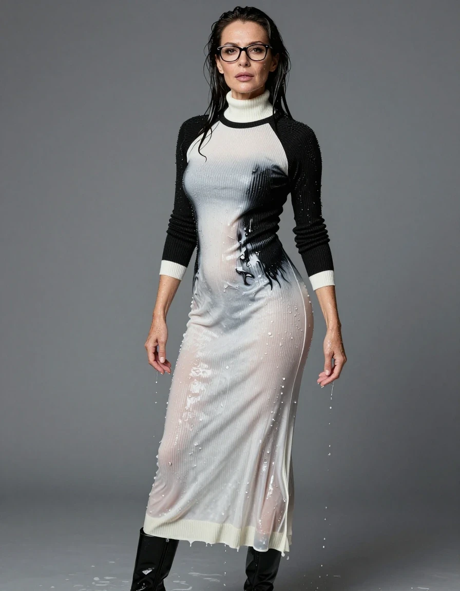 photo of young woman, in soaking wet, drenched clothes,
boots, maxi white & black high-neck sweater dress with long sleeves, maxi white & black high-neck sweater dress with long sleeves, enjoying wet clothes stuck body, enjoying, wet clothes stuck to body, 
enjoying, wet clothes stuck to body,
detailed textures of the wet clothes, wet face, wet plastered hair,
wet, drenched, professional, high-quality details, full body view.
sharp focus, ultra-high pixel detail, realistic, high-quality, full colors, incredibly detailed, 4k, 8k, 16k, hyper-realistic, RAW photo, masterpiece, ultra-detailed, professionally color graded, professional photograph, europen brunette skinny woman 50 years old, long dark black hair, very big and thick lips,  office glasses, complete body, wet skin, wet clothes, damp fabric, wet skin, wet clothes, damp fabric, wet skin, wet clothes, damp fabric, wet skin, wet clothes, damp fabric, wet skin, wet clothes, damp fabric